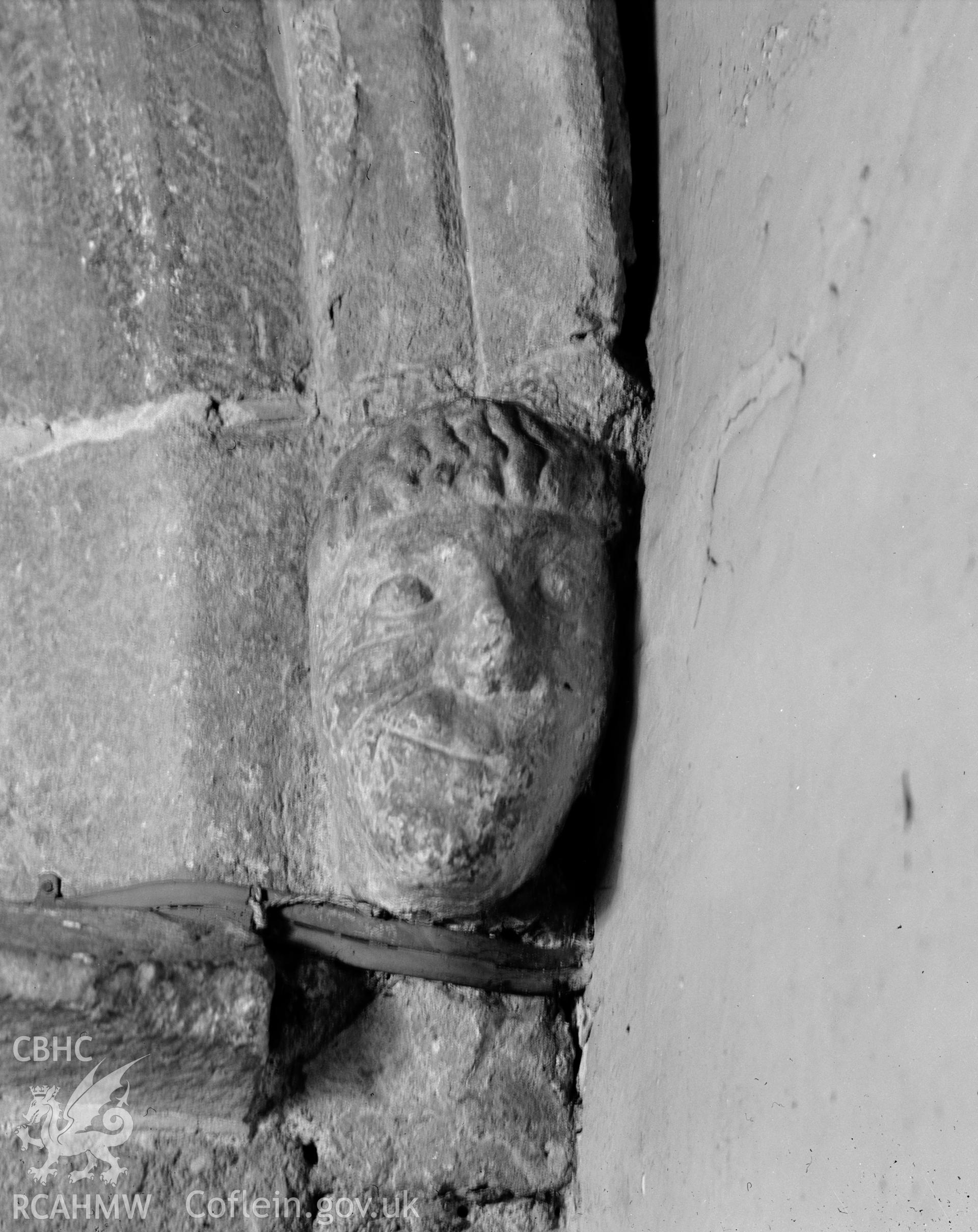 Detail of stone face on arch column at St Marys Church Conwy, taken in 10.09.1951