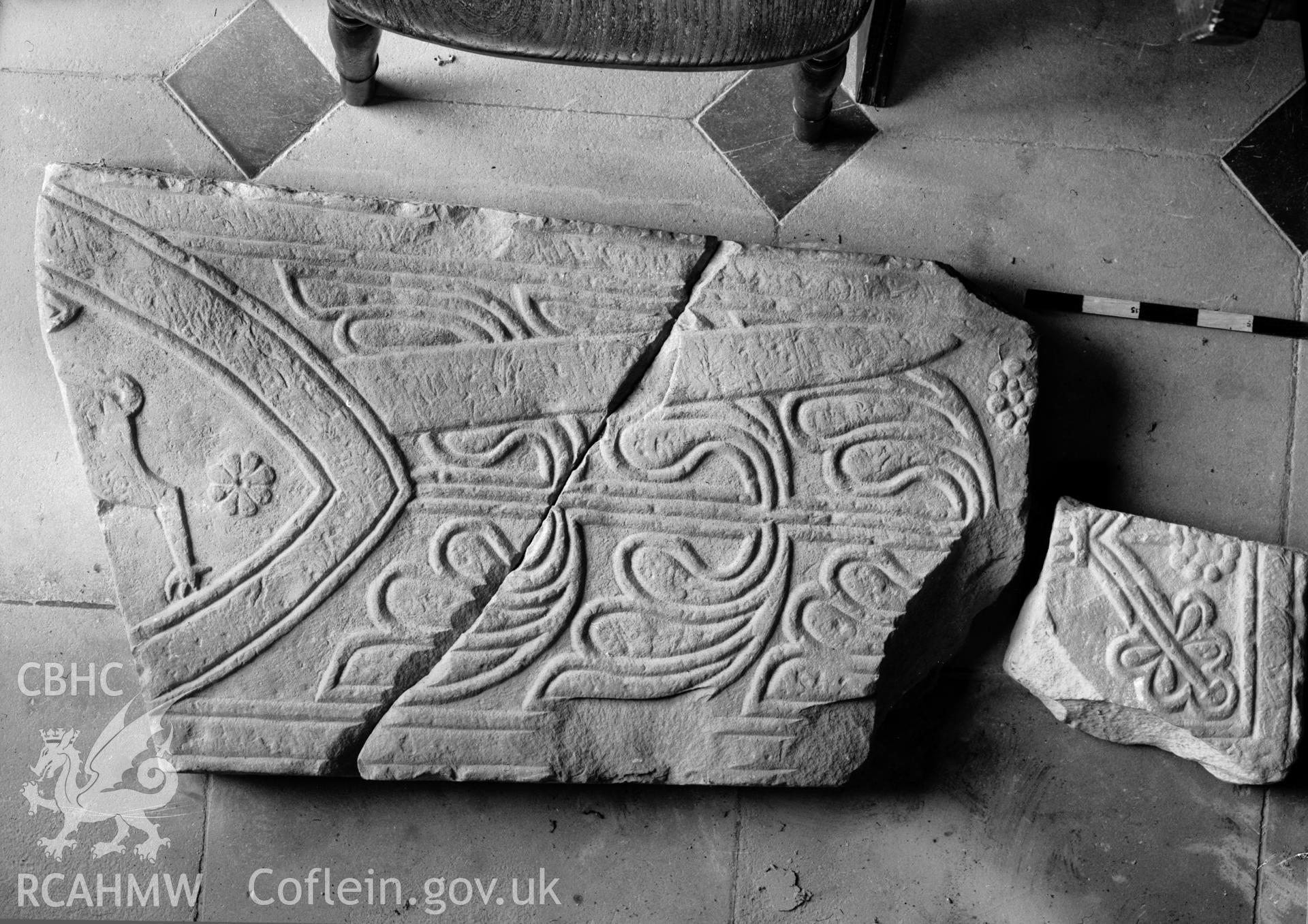 View of carved stone slab from Caerhun Hall, Caerhun taken in 15.07.1950.