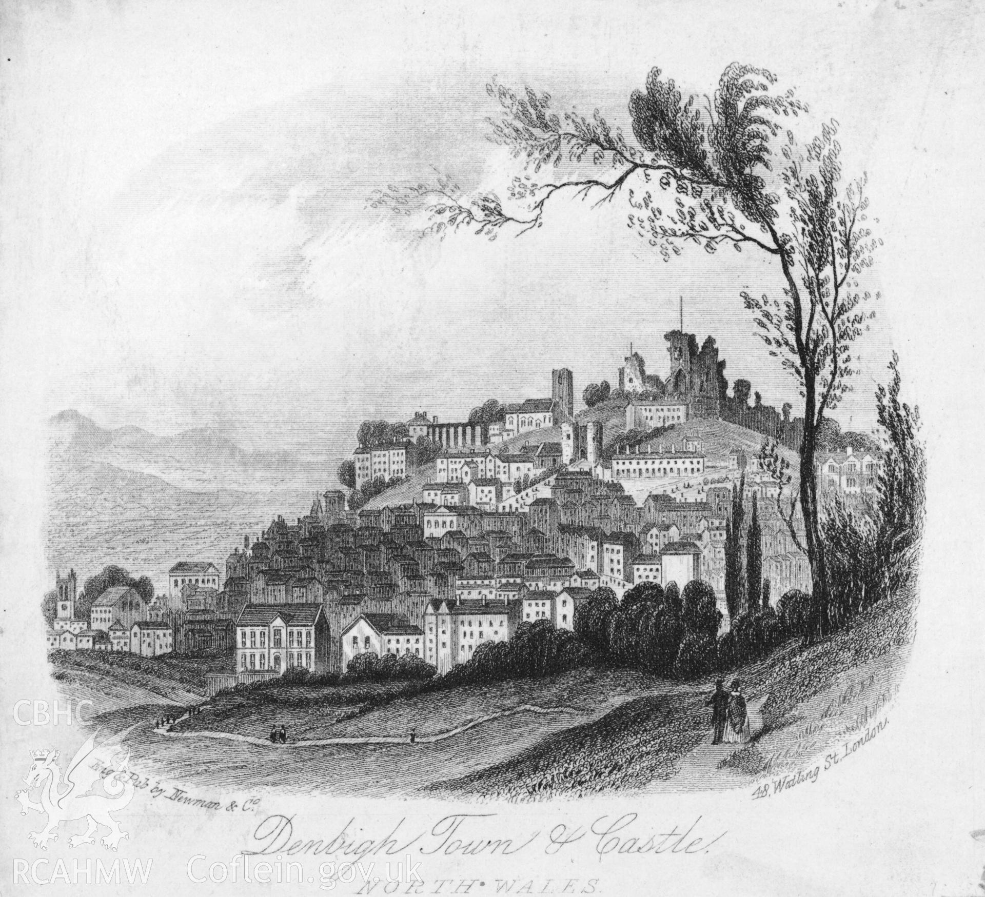 Black and white postcard showing an engraving of Denbigh Town and castle.