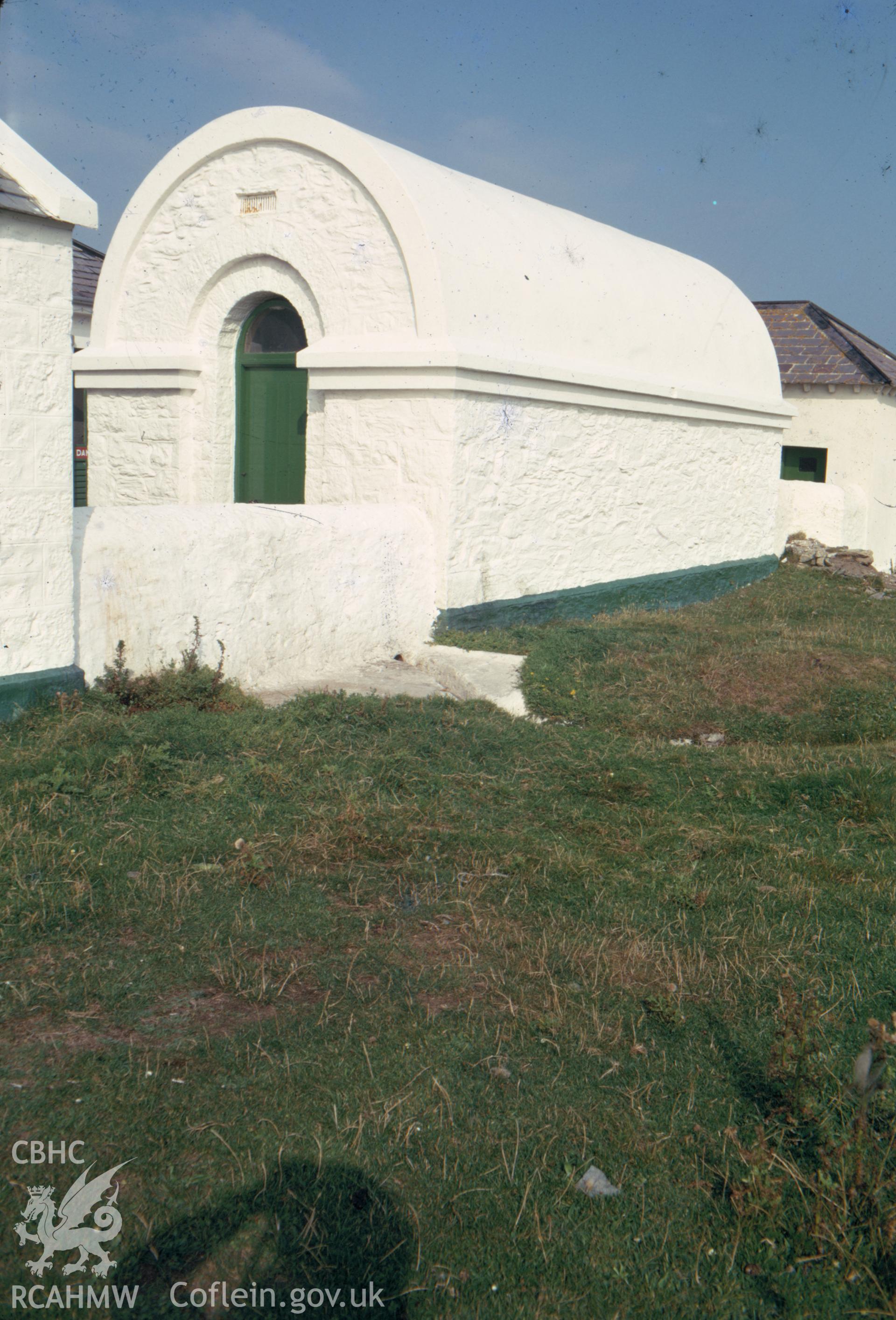 Colour slide showing exterior view of the ninetennth-century vaulted oil store or magazine at Bardsey Lighthouse.