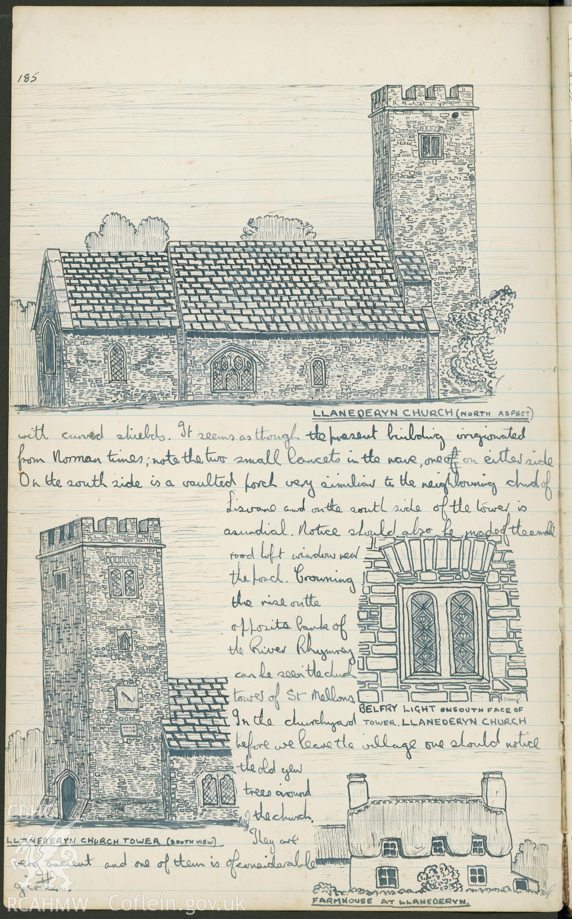 Page from a notebook featuring illustrations by R.E. Kay showing  Llanederyn Church and Glebe Cottage. As featured on p185 of R.E. Kay Notebook Series I, Vol II.