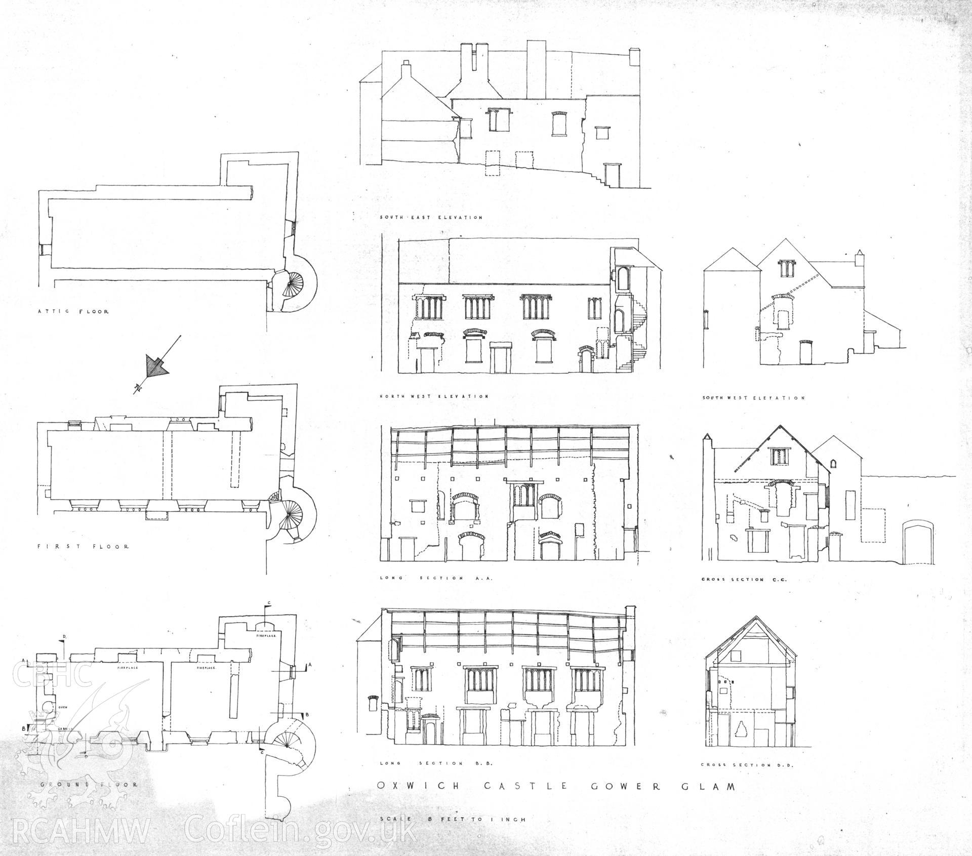 Dyeline copy of a non RCAHMW drawing showing plan, elevation and section  of Oxwich Castle, Glamorgan, published in Glamorgan IV, fig 11.