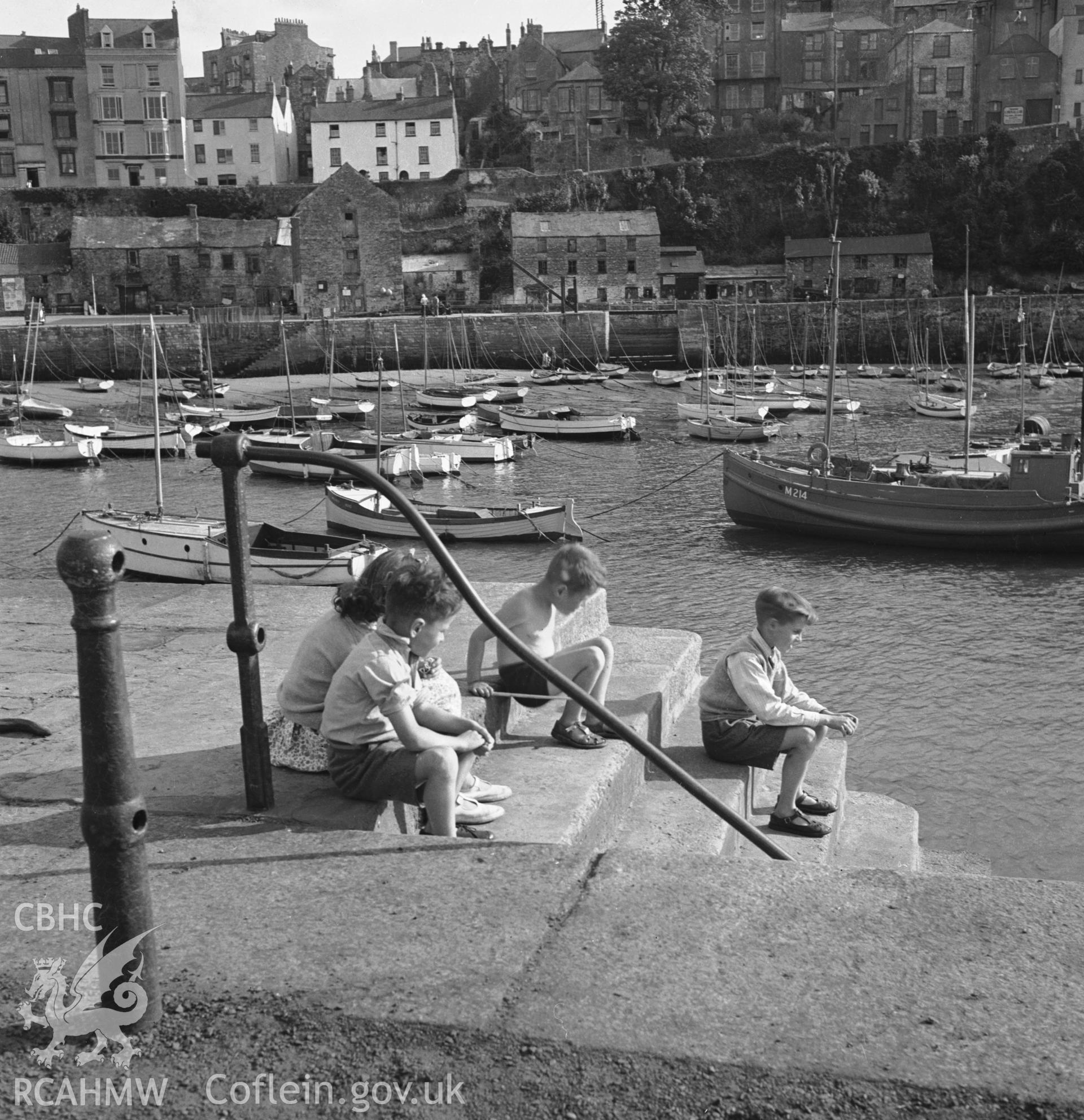 Black and white photographs of the harbour area, Tenby produced by D. Sherborn, 1955.