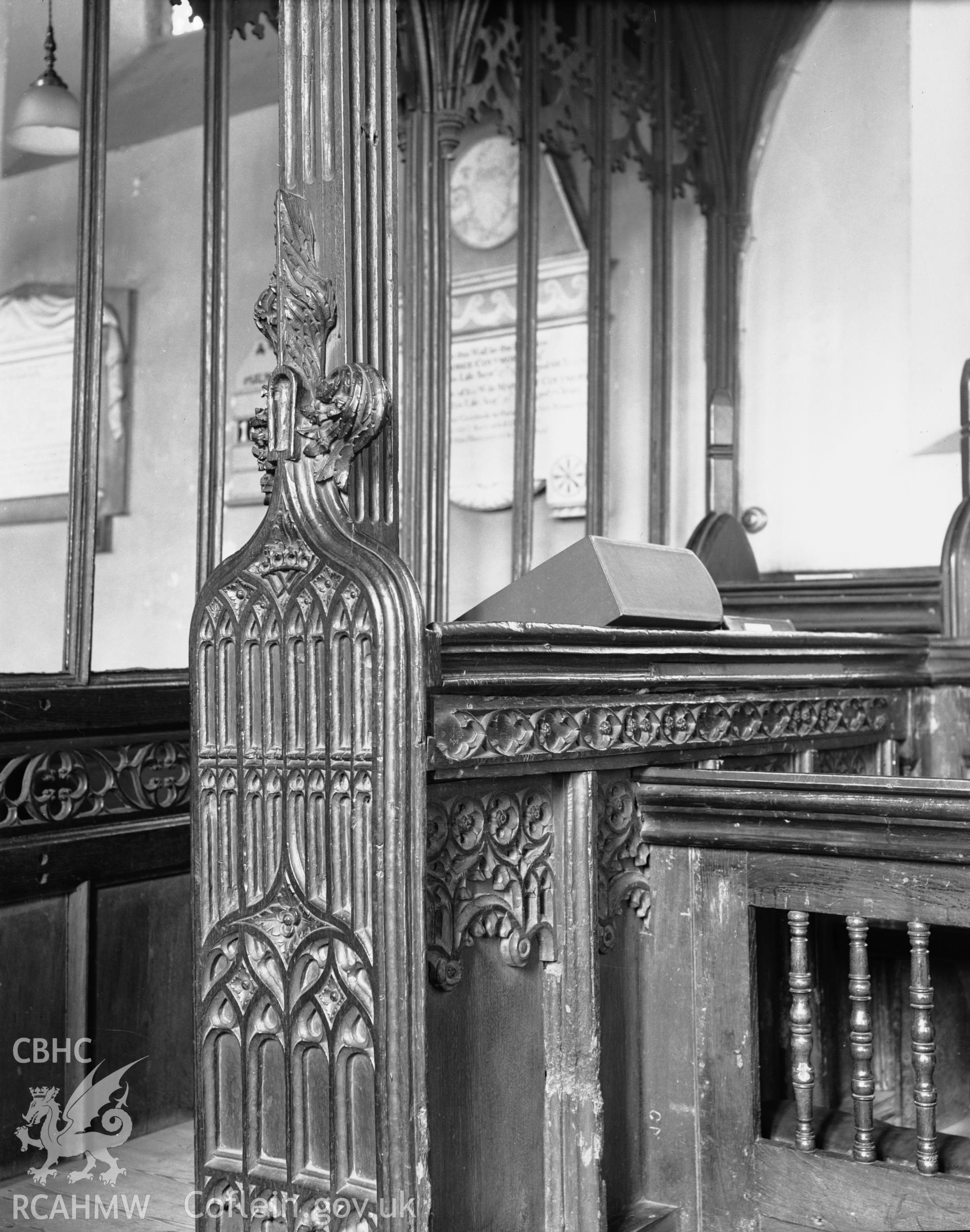Interior view of St Marys Church Conwy showing bench end, taken in 10.09.1951.