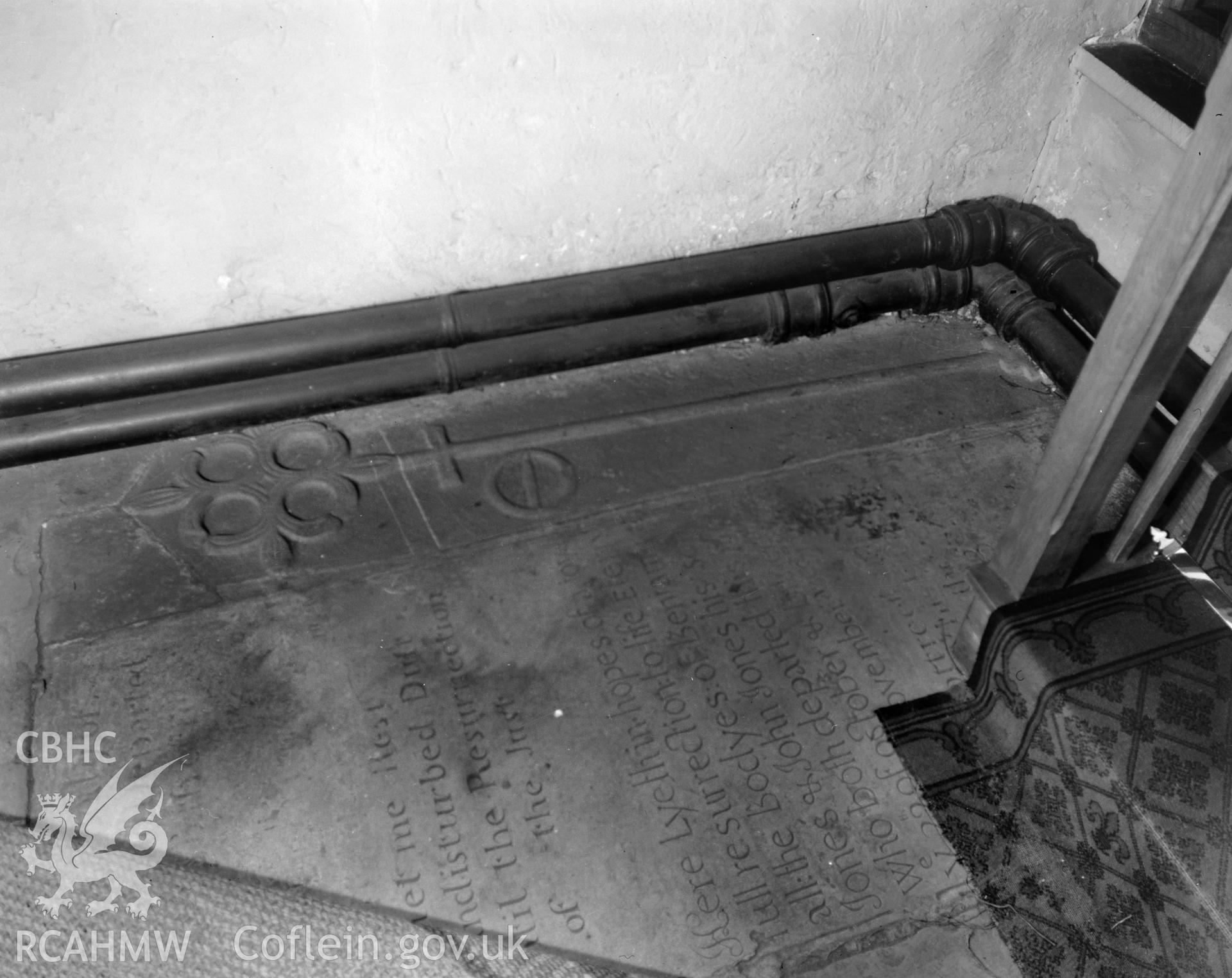 View of stone slab in the floor of St Marys Church Conwy, taken in 10.09.1951.
