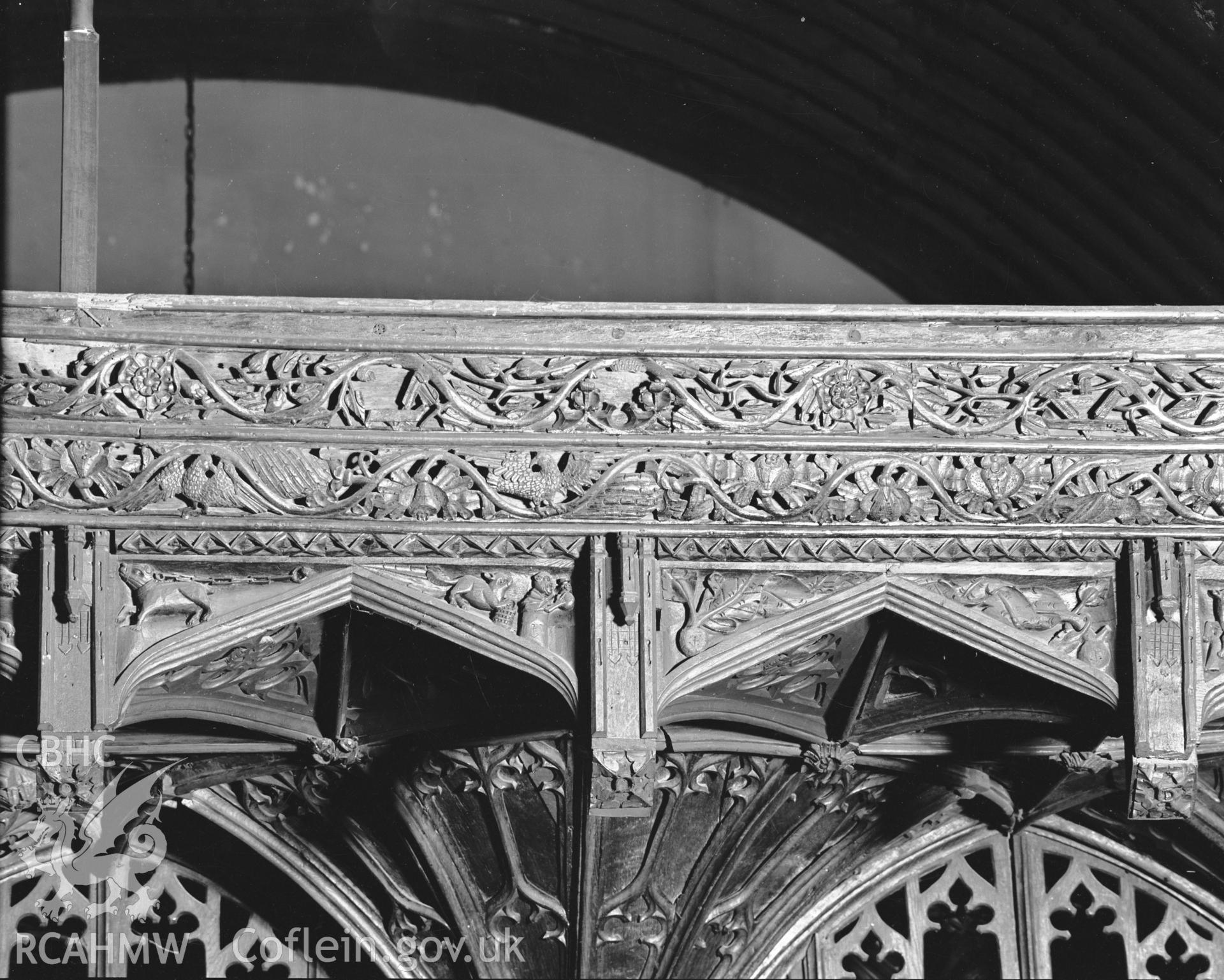 Interior view of St Marys Church Conwy showing screen detail, taken in 10.09.1951.