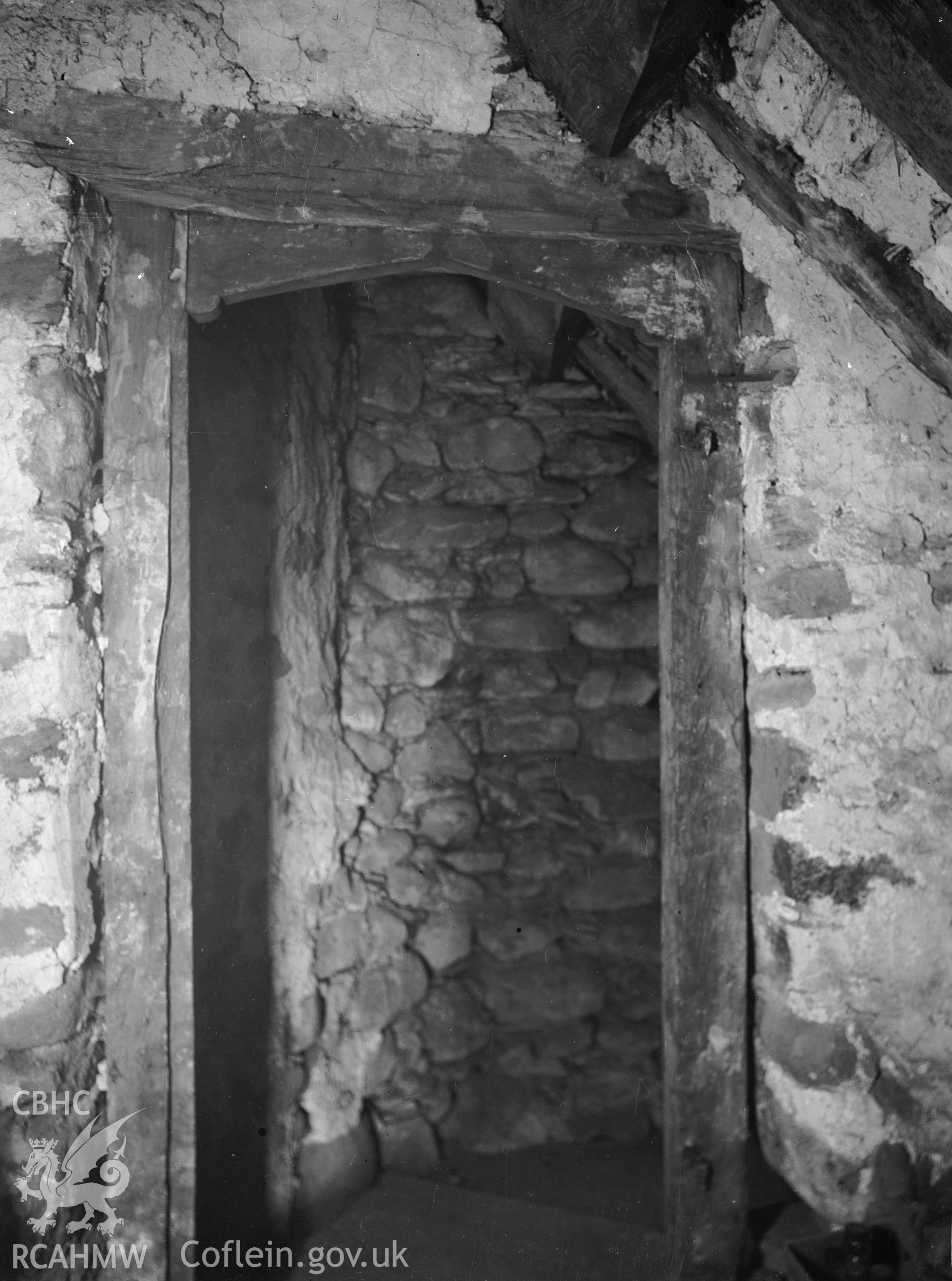Interior view of Llanerch y felin, Caerhun showing timber doorway, taken 01.10.1946.