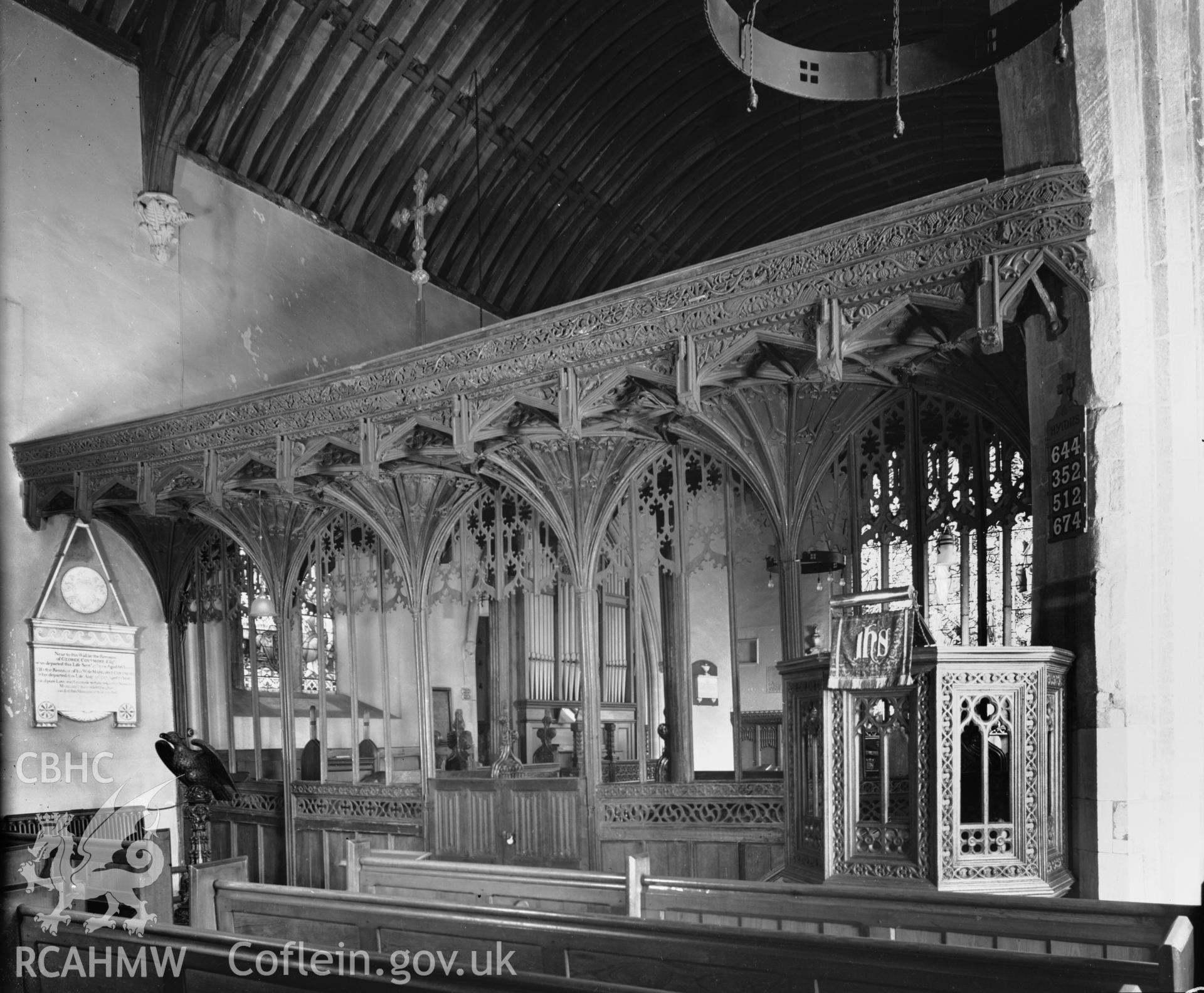 Interior view of St Marys Church Conwy showing screen, taken in 10.09.1951.