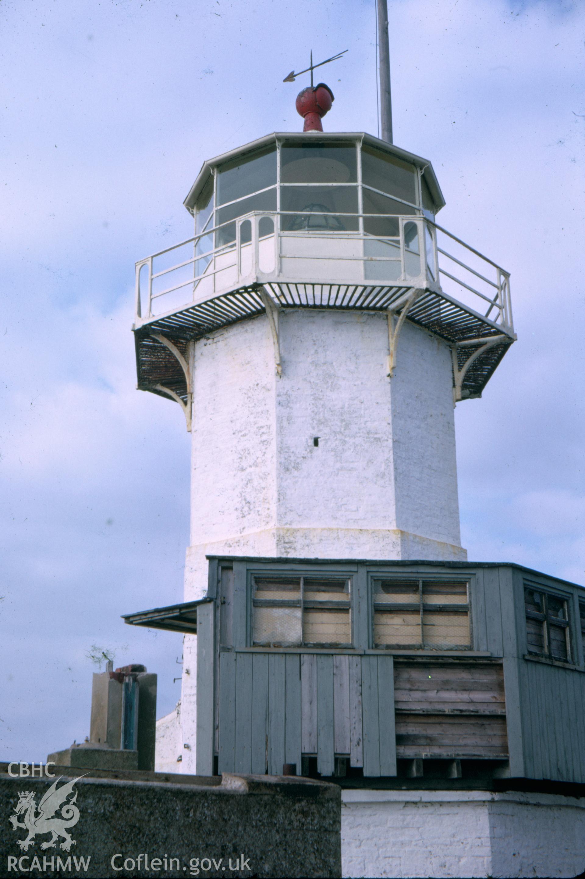Colour slide of Mumbles Lighthouse showing lantern upper storey .