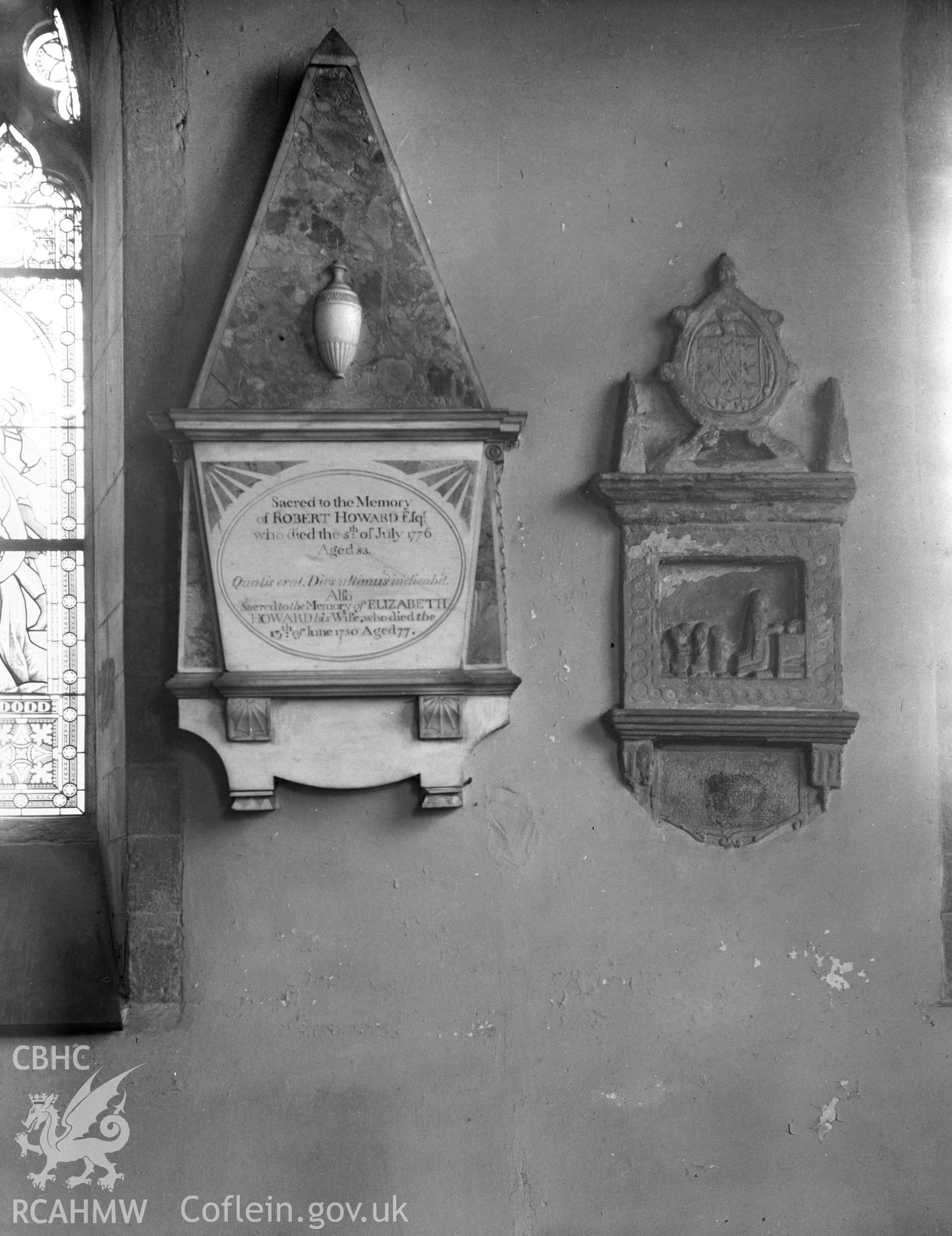 Interior view of St Marys Church Conwy showing two memorials on the wall, taken in 10.09.1951.