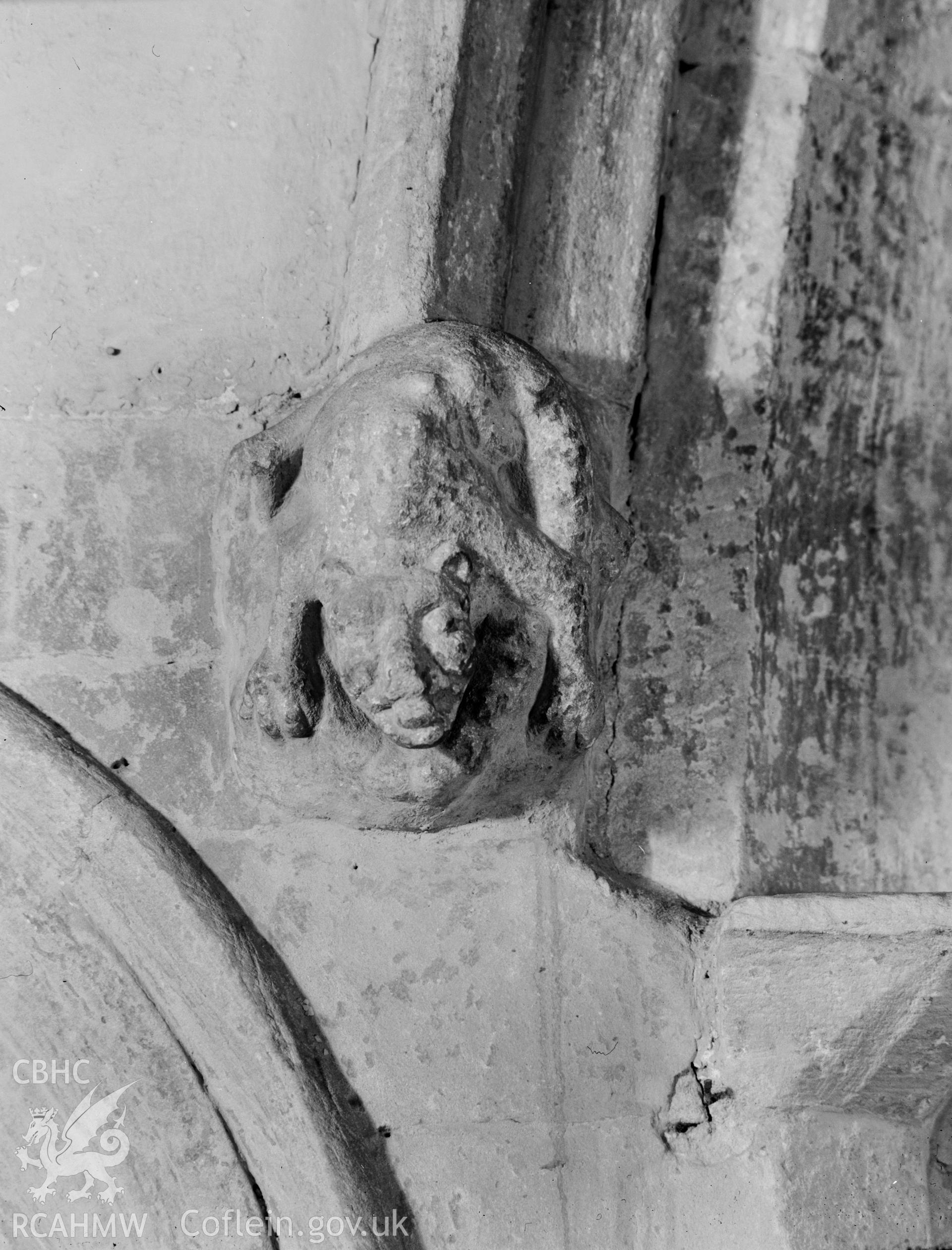 Detail of animal on arch column at St Marys Church Conwy, taken in 10.09.1951.