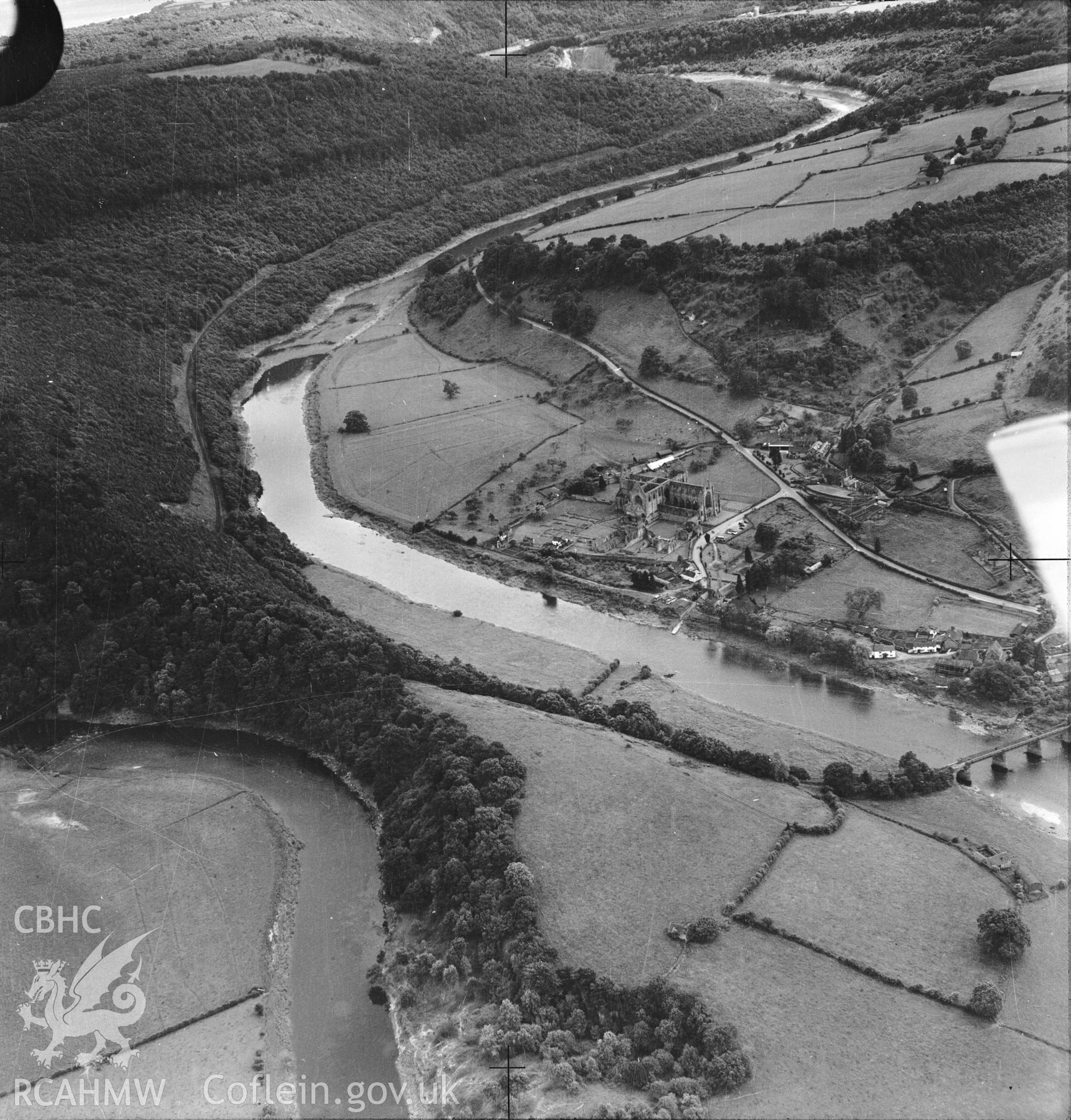 D.O.E. black and white negative of Tintern Abbey: from the air.