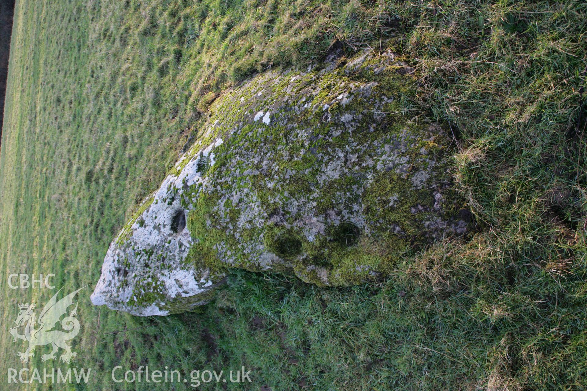 Cerrig y Gof chambered cairn; earthfast cup marked rock to north-west of tomb at SN 0356 3892, viewed from north-west.