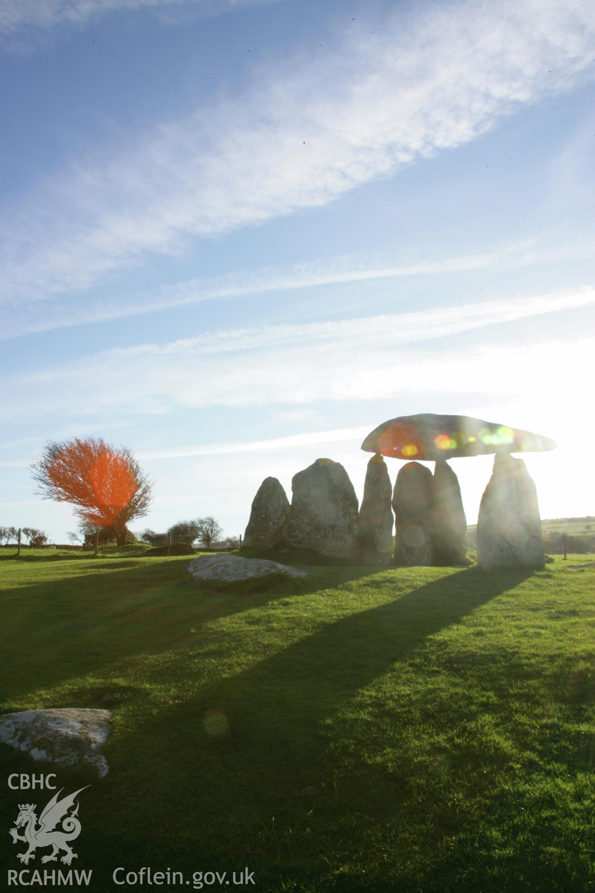 Pentre Ifan chambered tomb at sunset; general view of the chamber with low sun from the north-east.