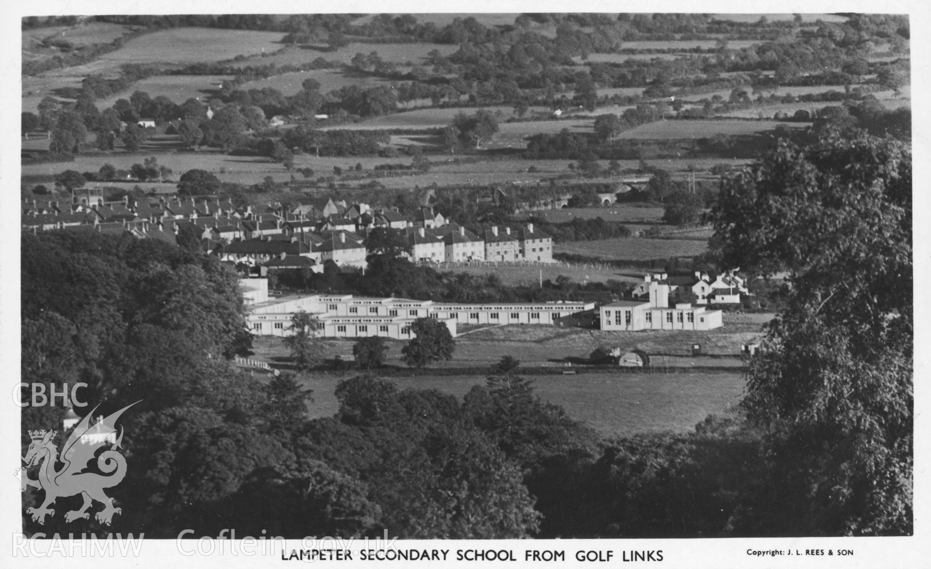Digital copy of postcard showing Lampeter Secondary School from golf links, dated c. 1949 (Publisher: J L Rees & Son).  Loaned for copying by Charlie Downes.