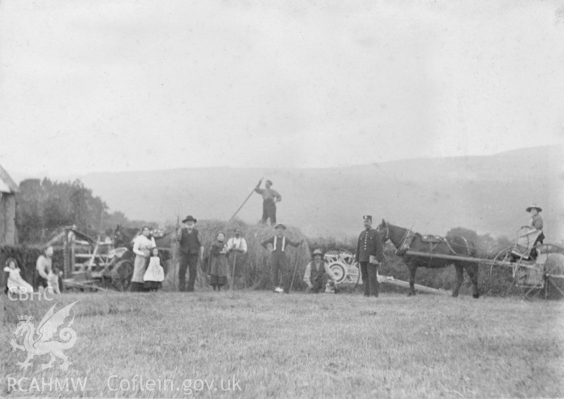 Photograph showing haymaking at  Ynysywern Farm with women, men and children. Dated between 1902 and 1910. Original caption reads: 'Cynhauaf gwair - cae o flaen y ty'.