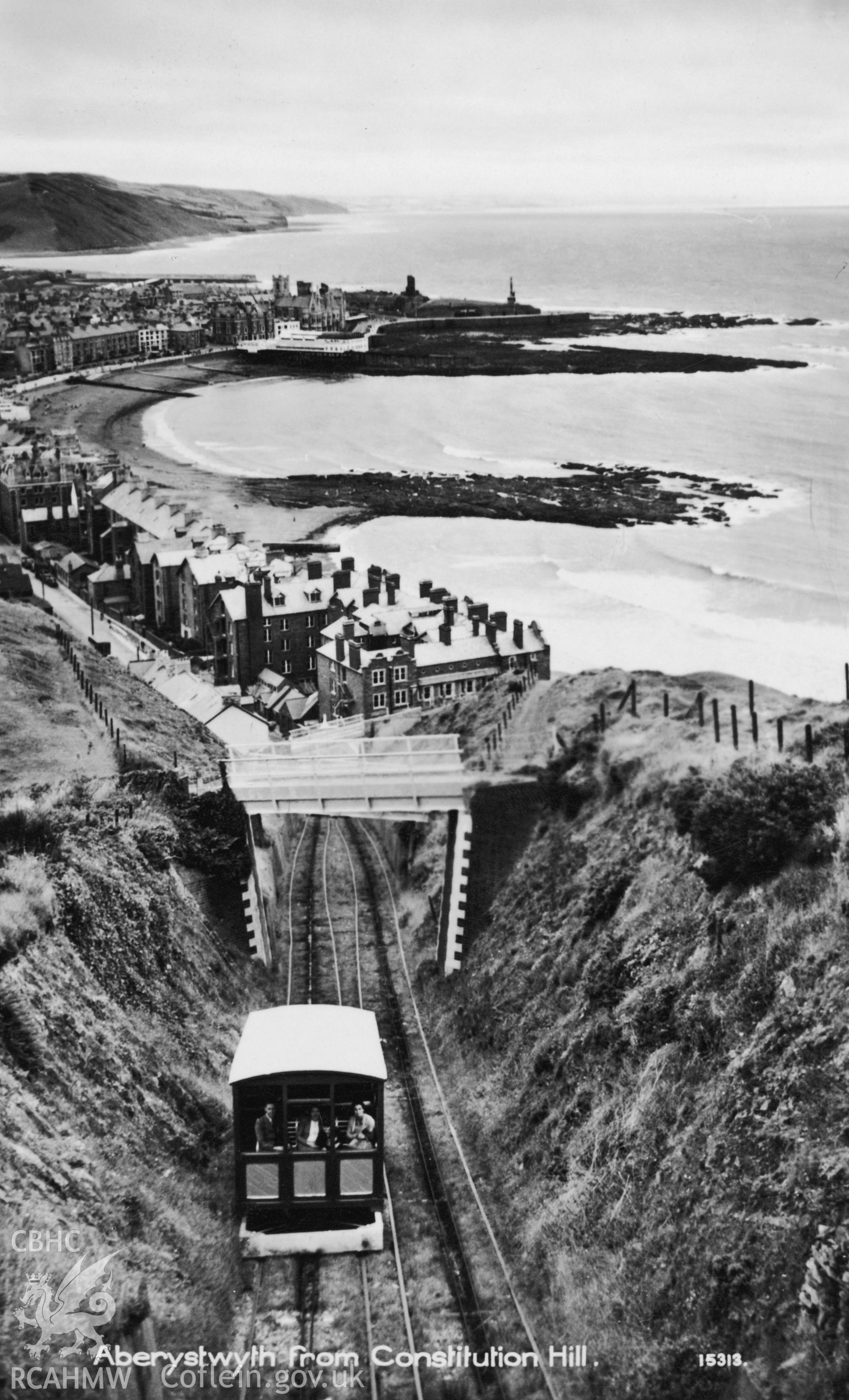 Digital copy of postcard showing Aberystwyth Cliff Railway, dated c. 1980.  Loaned for copying by Charlie Downes.
