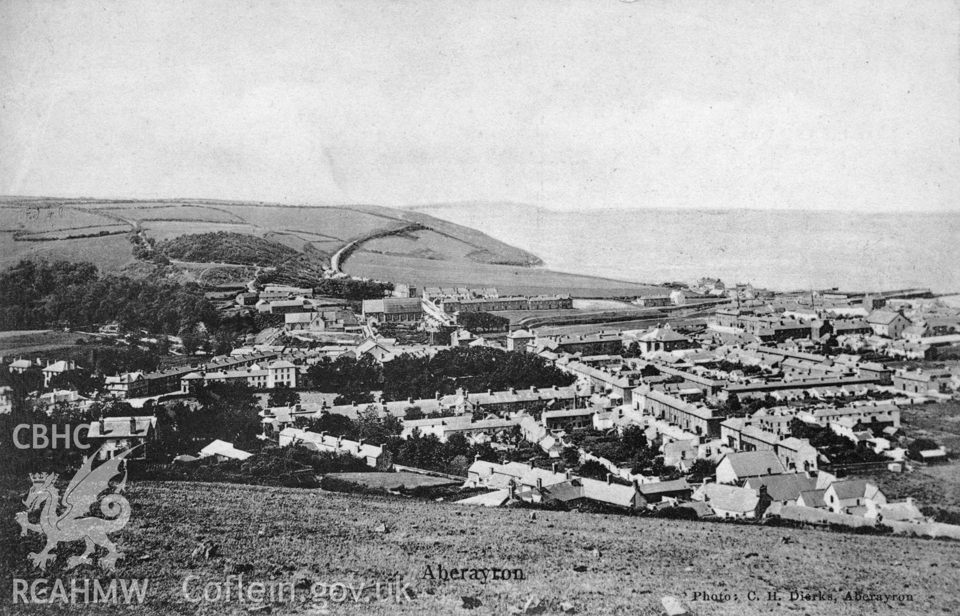 Digital copy of postcard showing Aberaeron, dated early 20th century.  Loaned for copying by Charlie Downes.