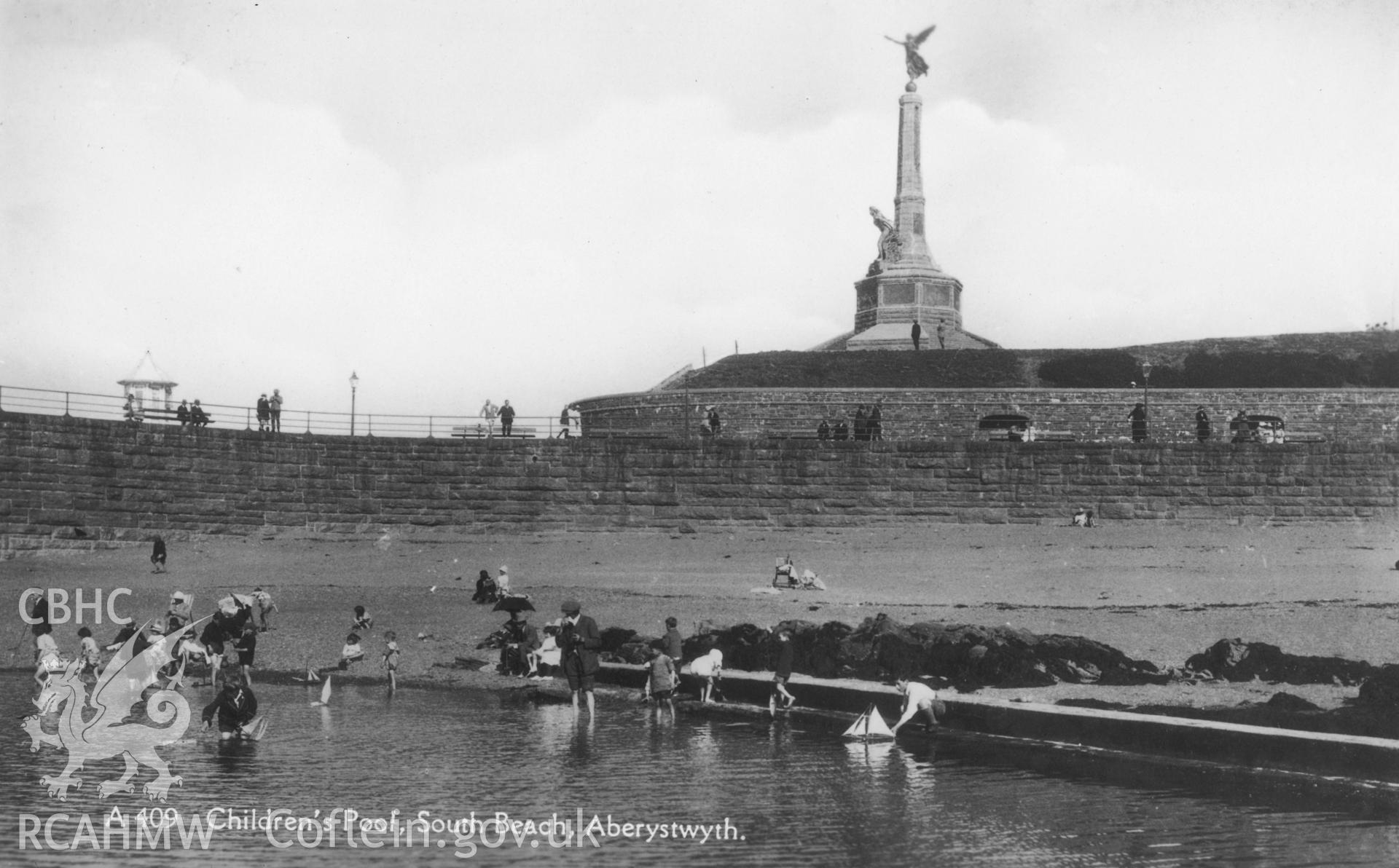 Digital copy of postcard showing Children's Pool, South Beach, Aberystwyth, dated c. 1930s (Publisher: E T W Dennis & Son).  Loaned for copying by Charlie Downes.
