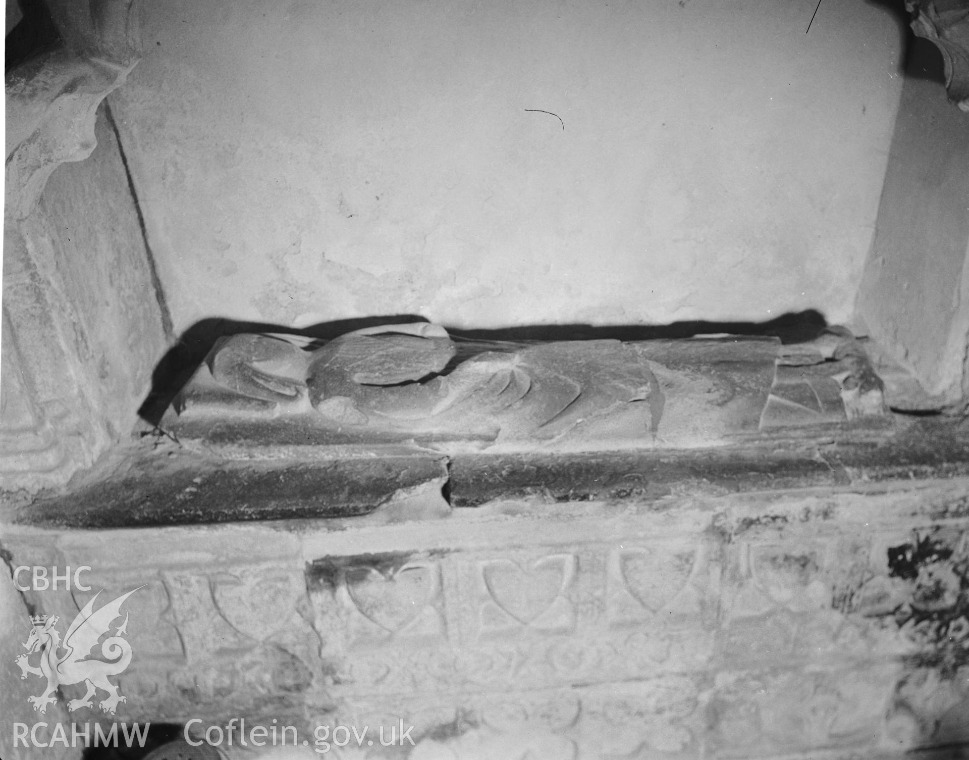 View of effigy in the north wall of Roche Chapel at Llangwm Church  taken in 31.07.1941.
