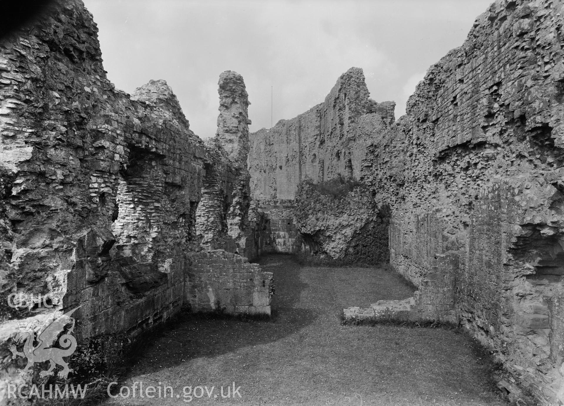 Black and white print of Denbigh Castle, produced by the Ministry of Works.