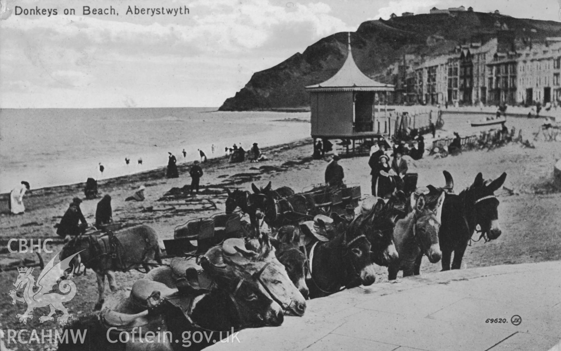 Digital copy of postcard showing Donkeys on Beach, Aberystwyth, dated 1915.  Loaned for copying by Charlie Downes