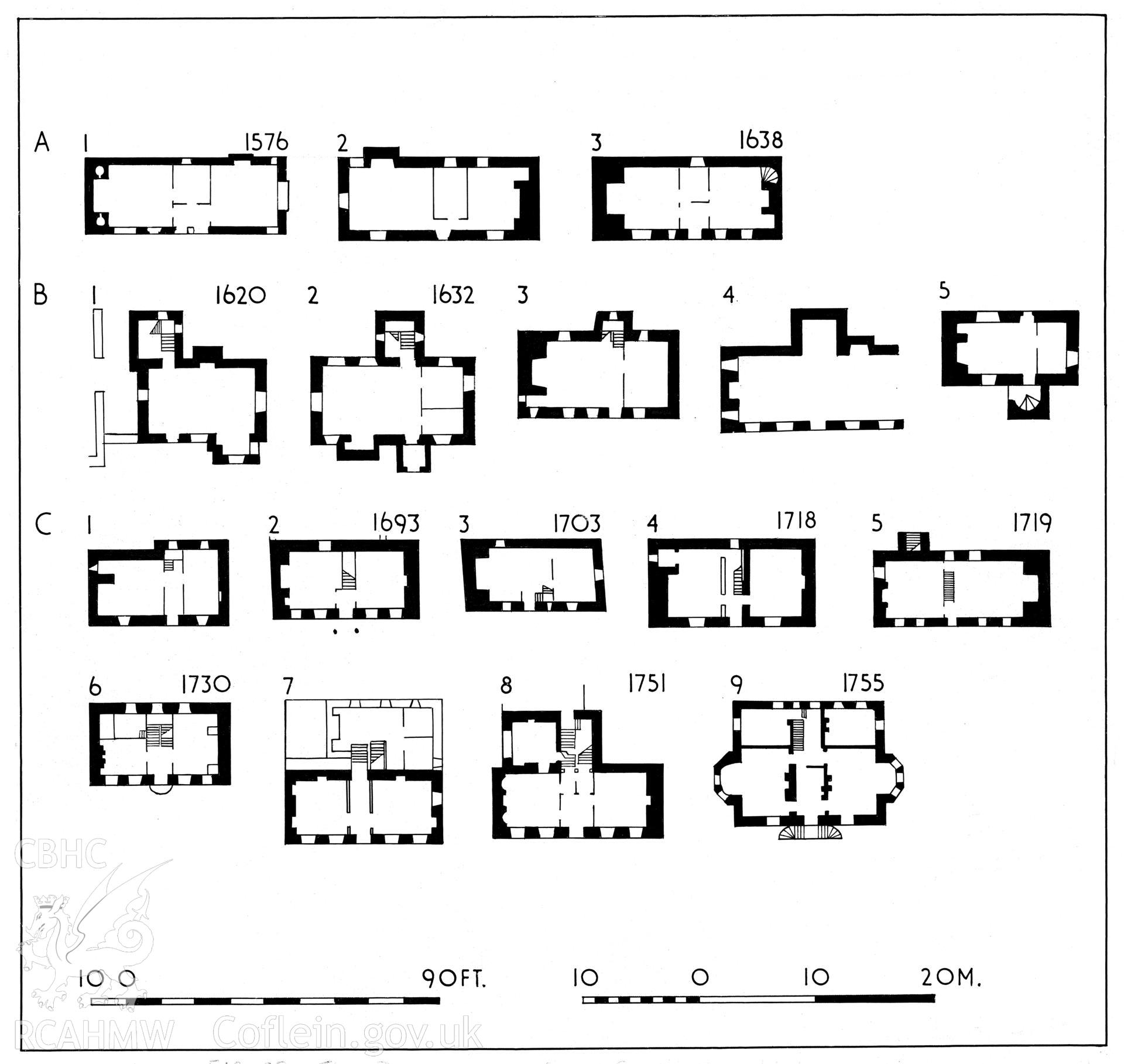 Multi-site RCAHMW drawing, 17 sites, (ink on linen) showing house plans, as published in Caerns Inventory vol III, fig 38.