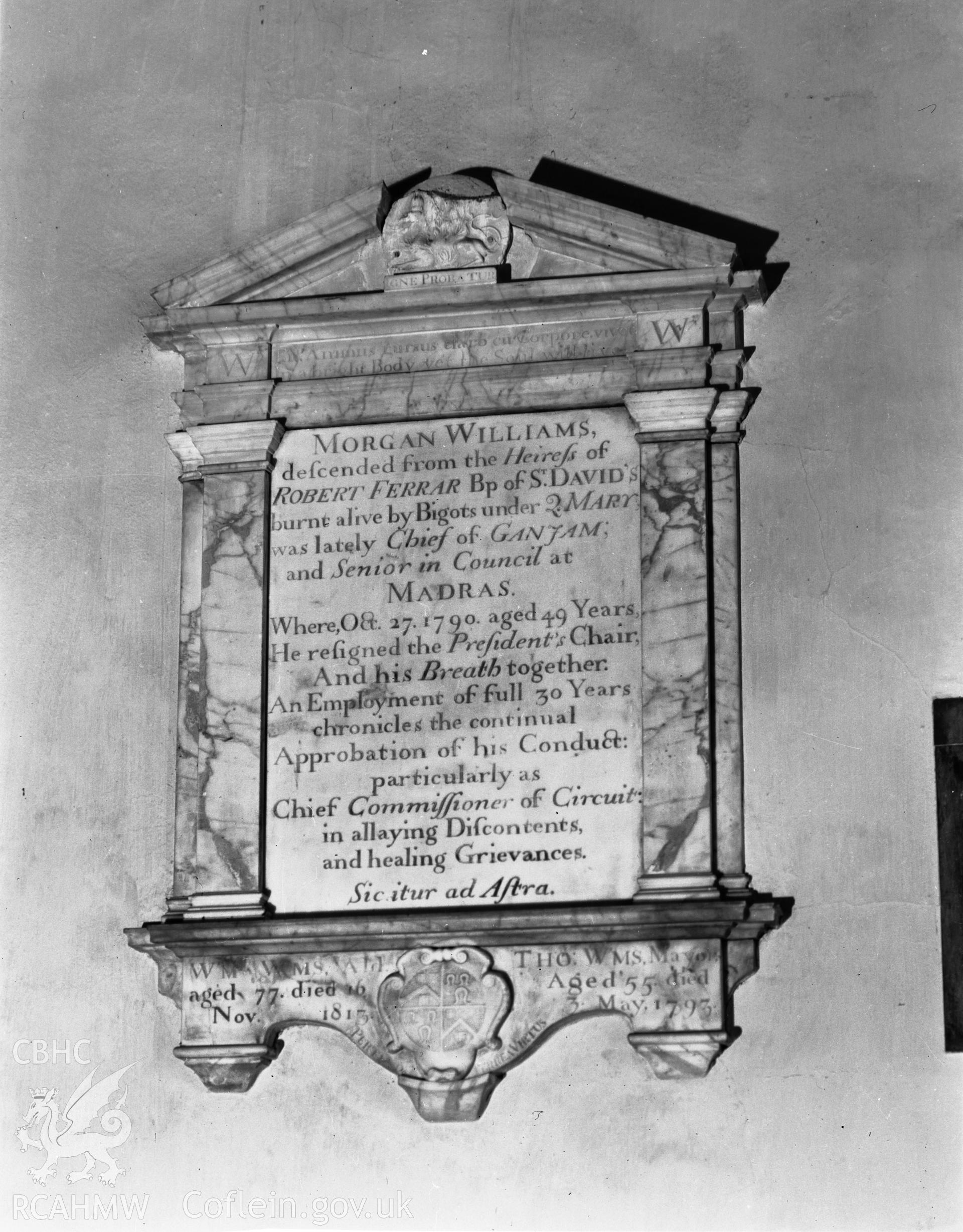 View of memorial to Morgan Williams in St Mary's Church, Tenby in 08.08.1941.