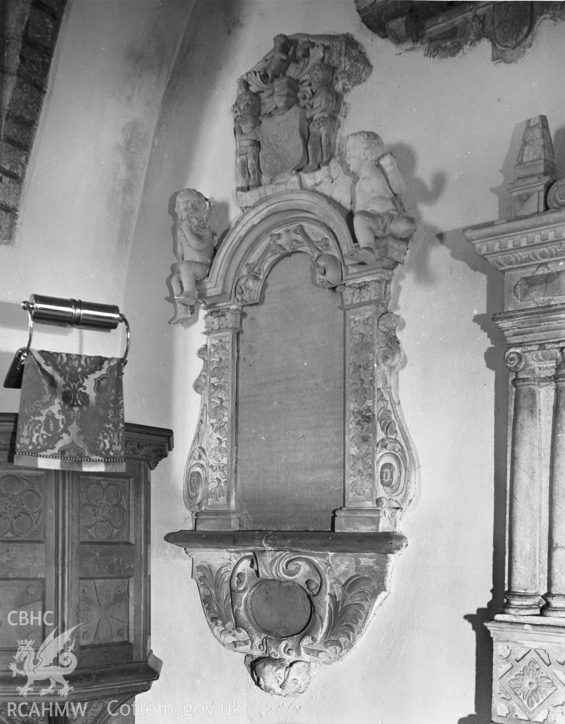 View of monument to Hugh Owen d.1670 in the north wall of the nave at Monkton Priory taken in 07.08.1941.