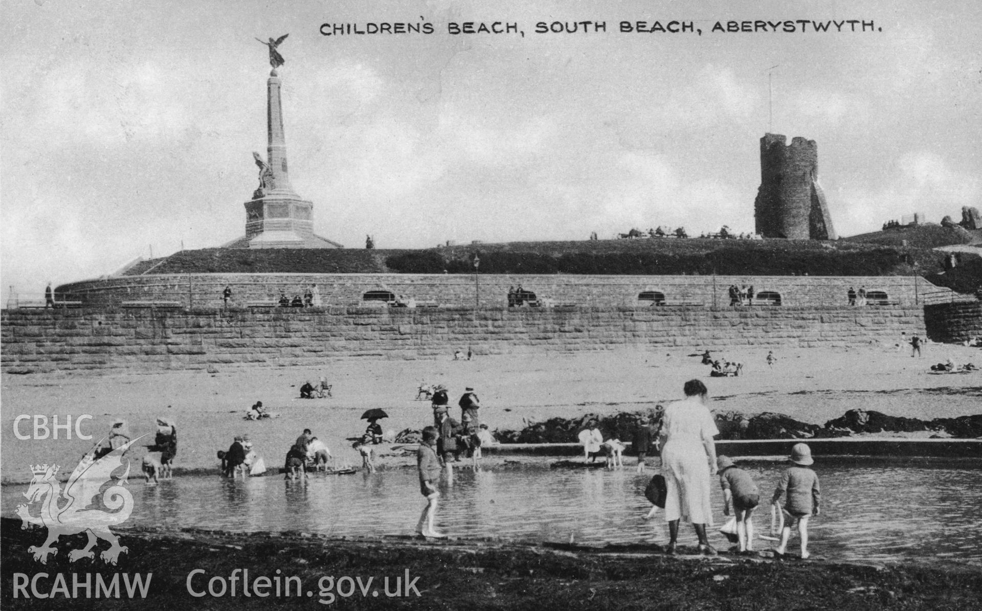 Digital copy of postcard showing Children's Beach, South Beach, Aberystwyth, dated 1926 .  Loaned for copying by Charlie Downes.