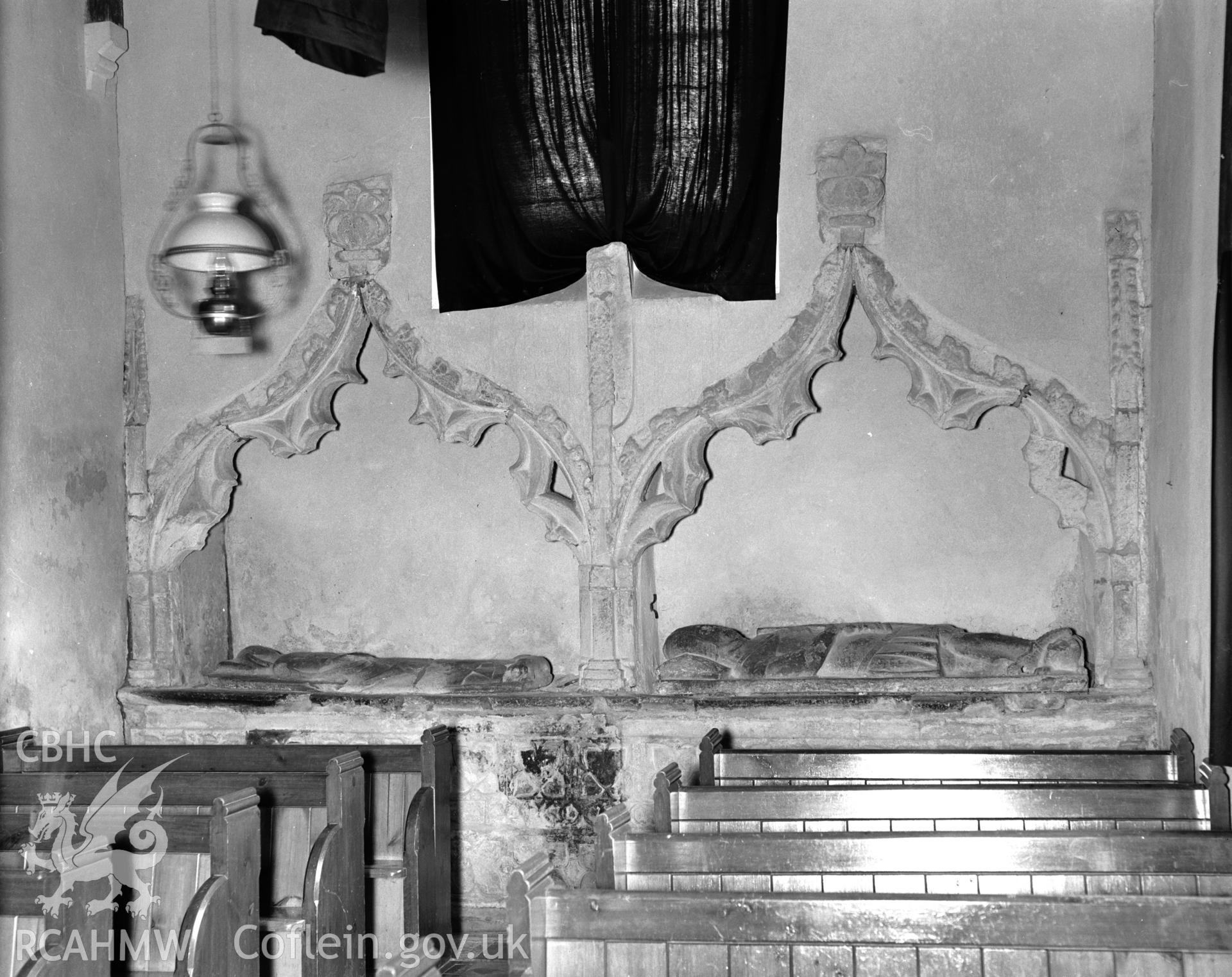 View of tombs in the north wall of Roche Chapel, Llangwm taken in 31.07.1941.