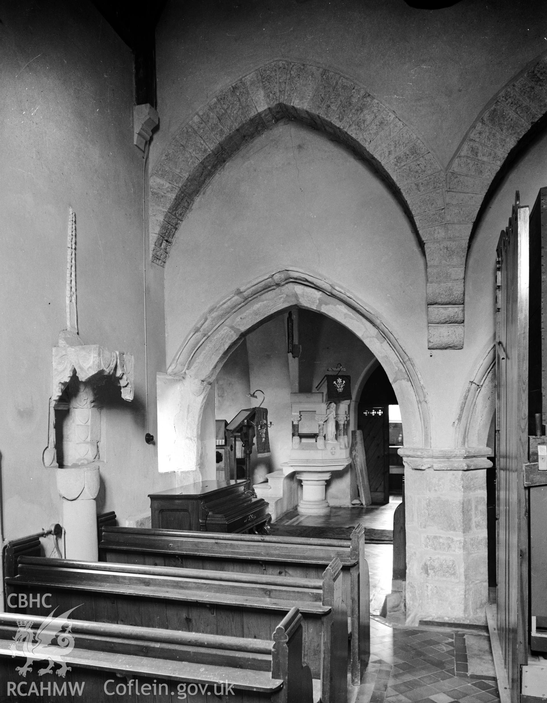 Interior view looking south-east into the nave of Roche Chapel at Llangwm Church  taken in 31.07.1941.