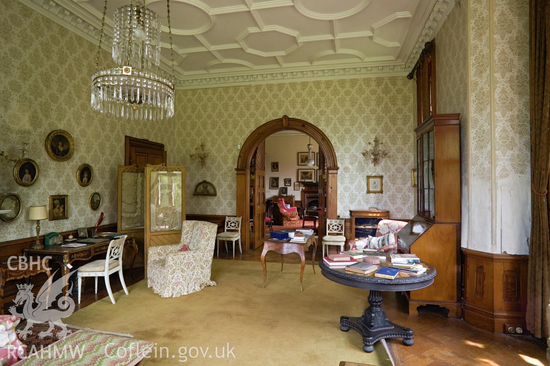 Interior of drawing room, looking towards library.