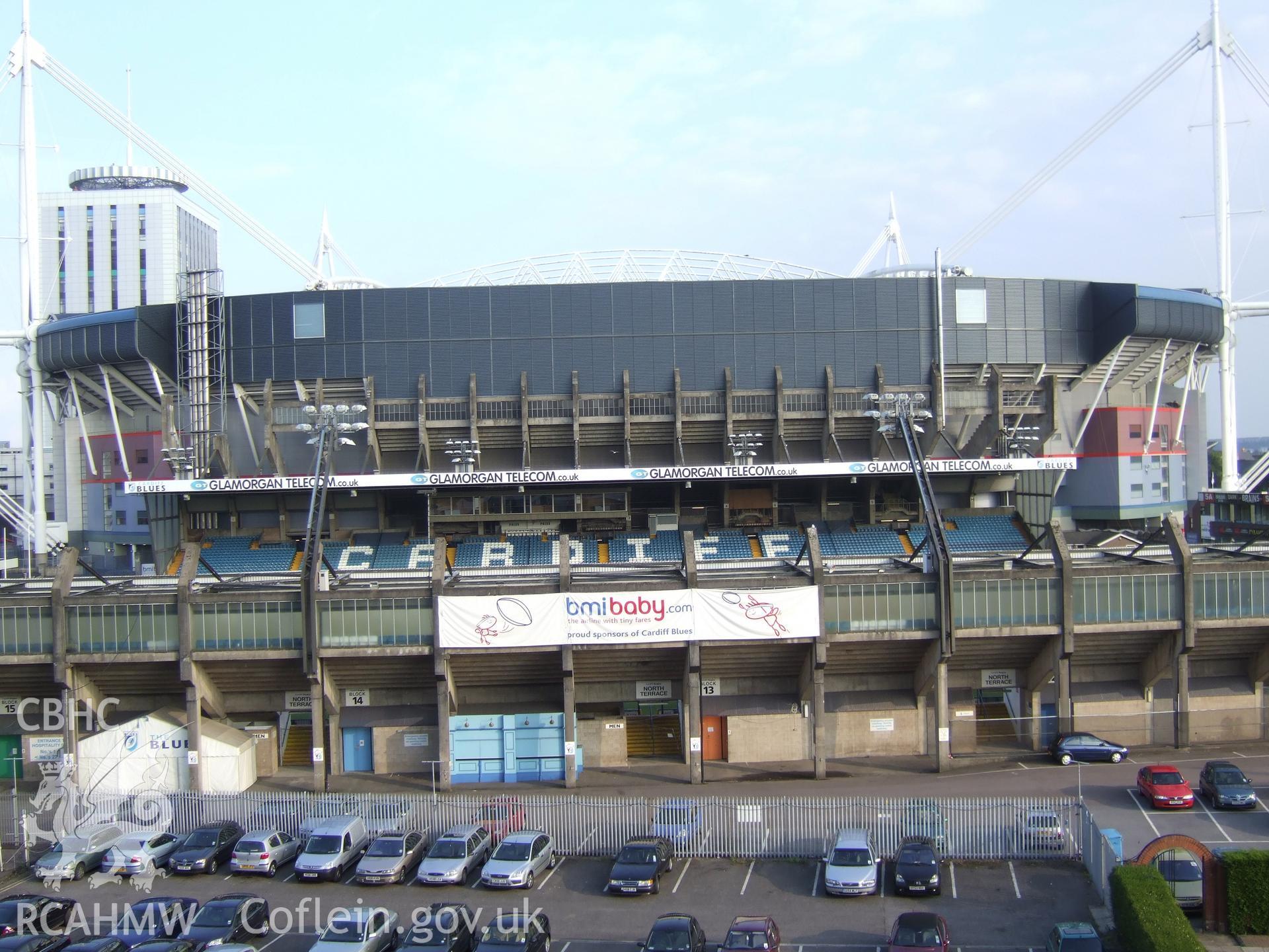Close-up of north-west stand of stadium incorporating earlier structure.