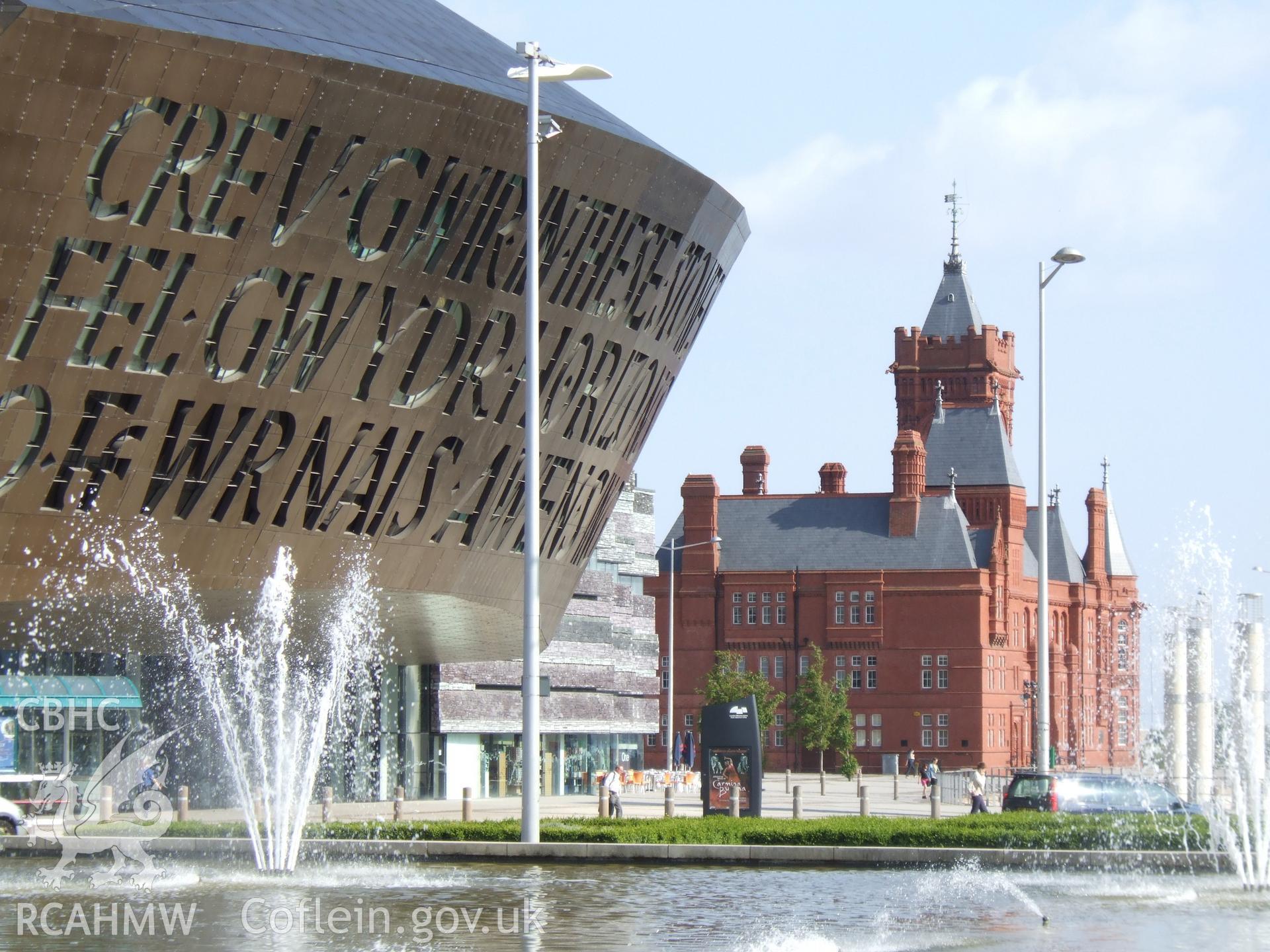 Writing on the auditorium exterior with the Pierhead Building beyond from the north-west.