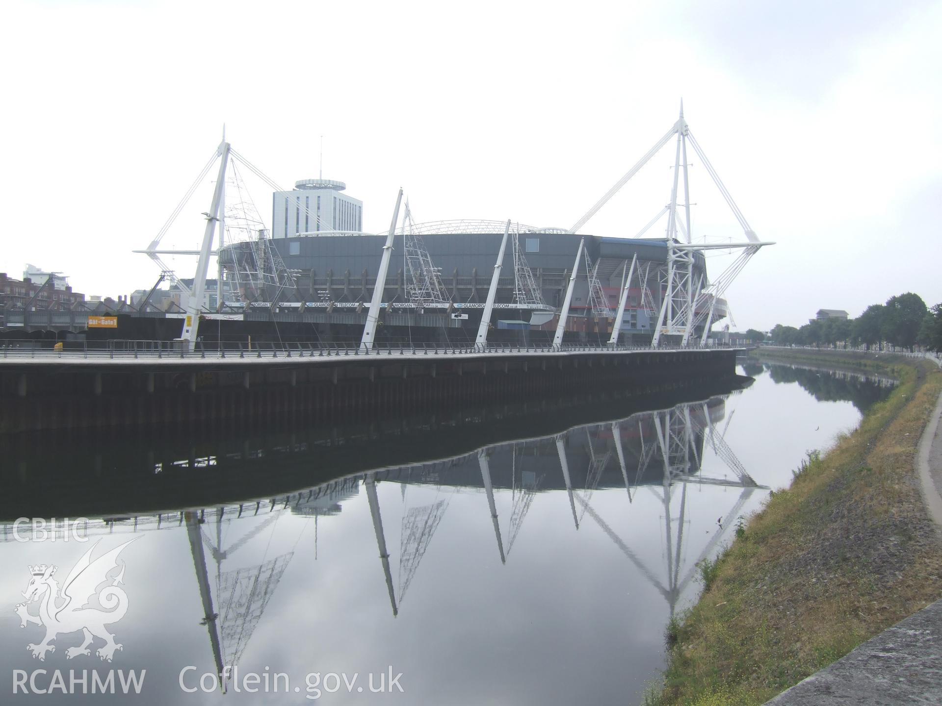 Riverside walkway and stadium across the River Taff from the north-west.