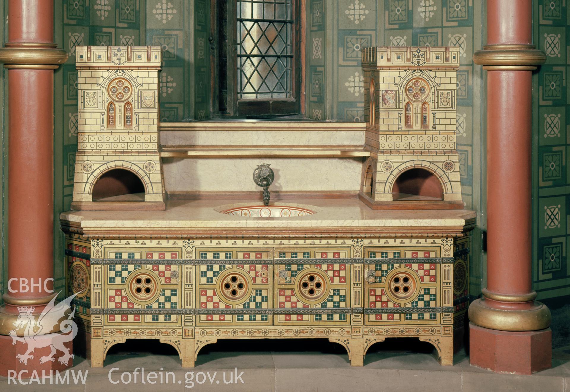Interior view of Castell Coch showing washstand in Lady's Chamber, taken in 1975.