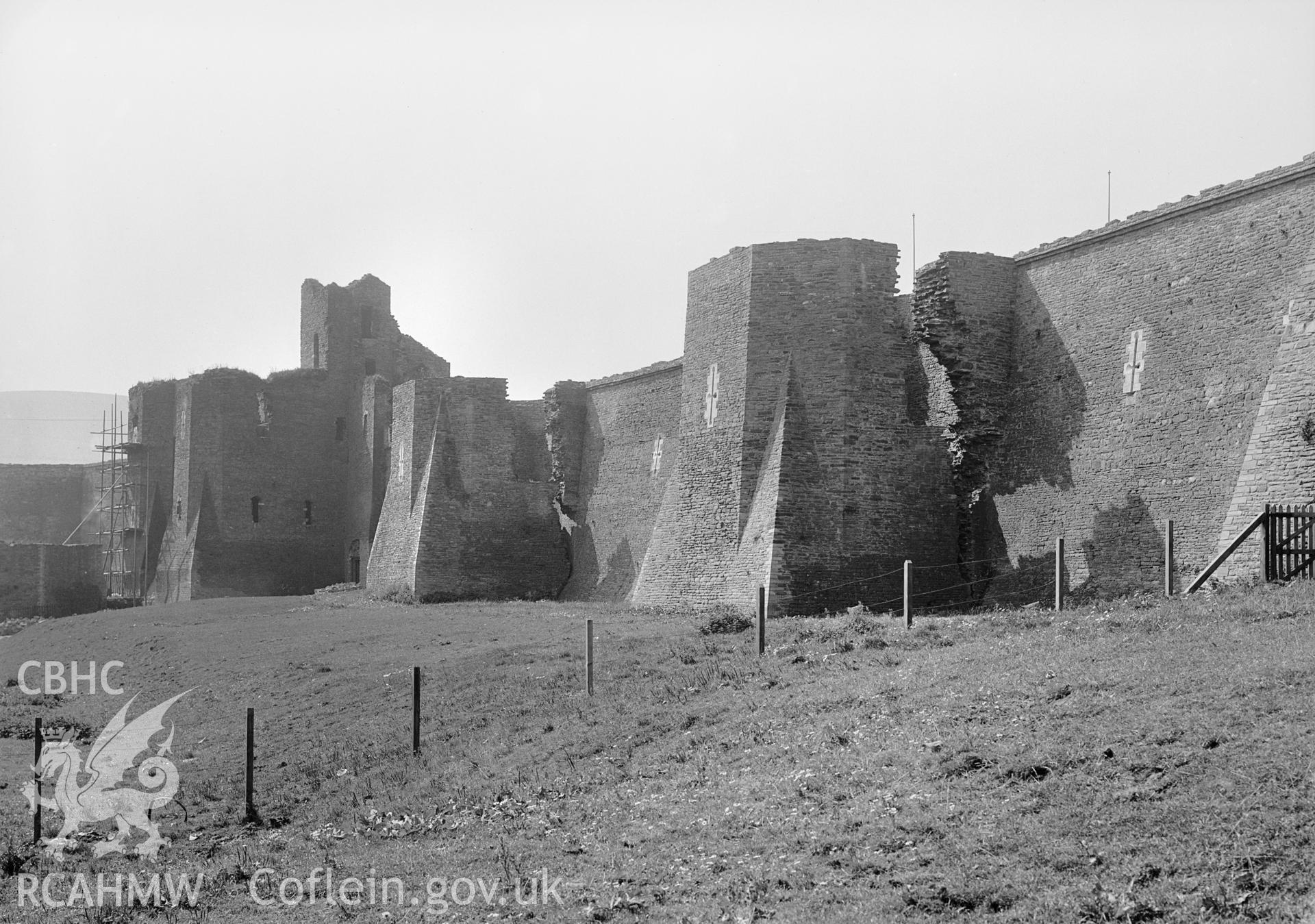 Exterior view of Caerphilly Castle outer wall from the north east, taken by Clayton.