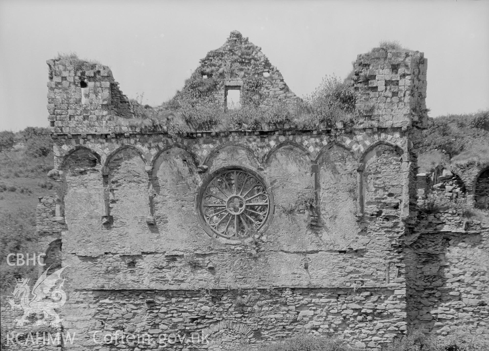 Exterior detail view of the gable end of the Bishops Palace, St Davids, Pembrokeshire, taken by Clayton pre-1950.