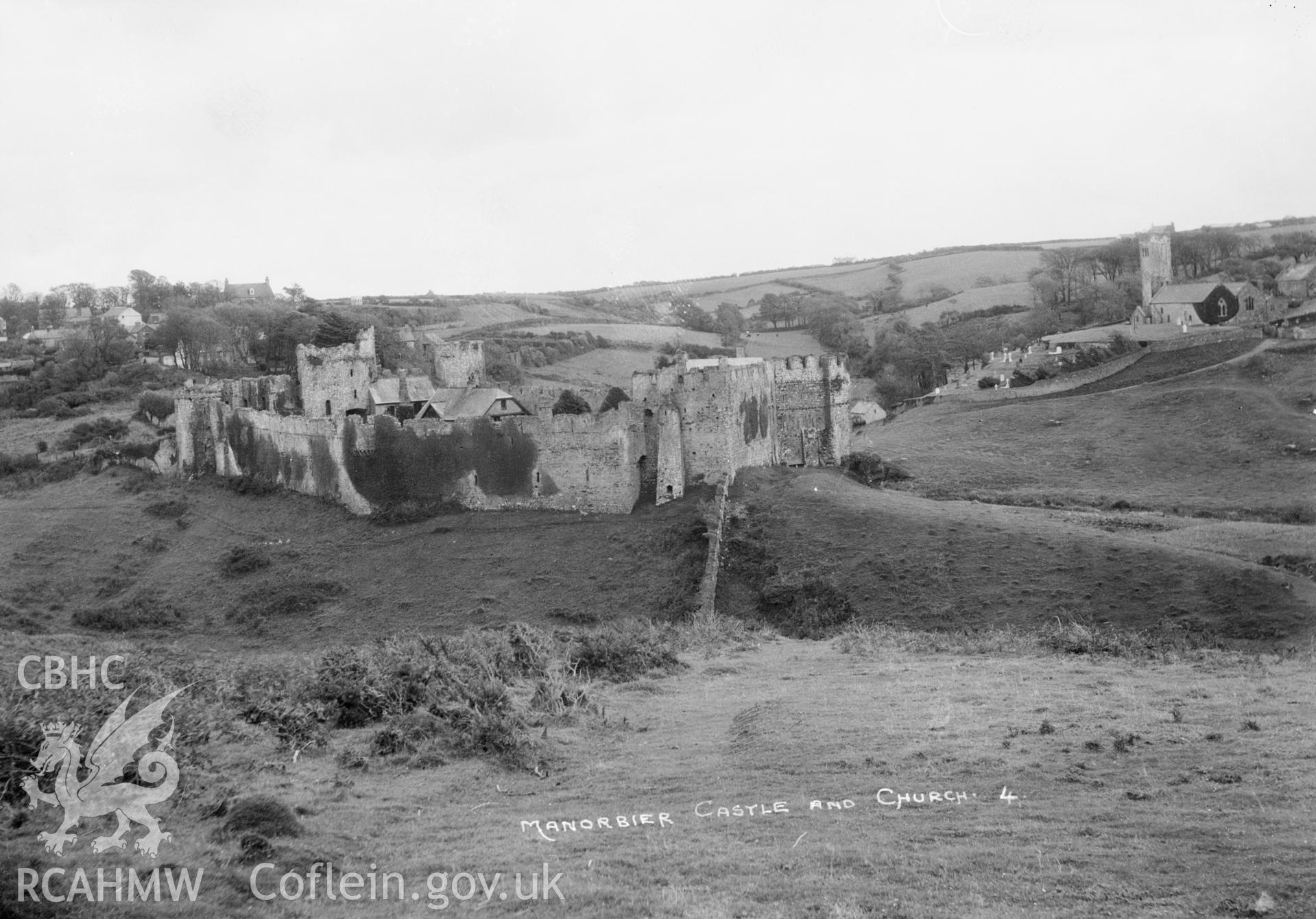 Landscape view of Manorbier Castle and Church, Pembs W A Call, taken1930.