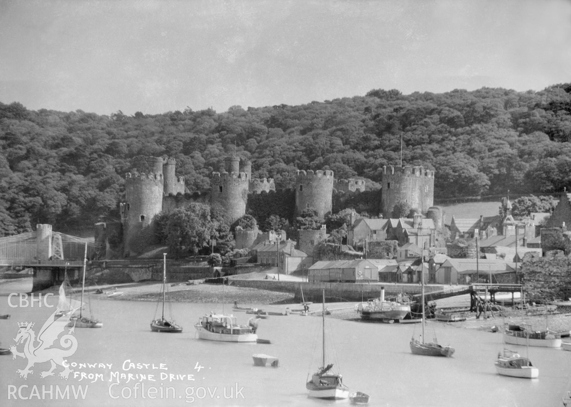 Conway Castle; black and white photograph showing landscape view of the castle, taken by W.A. Call, National Buildings Record.