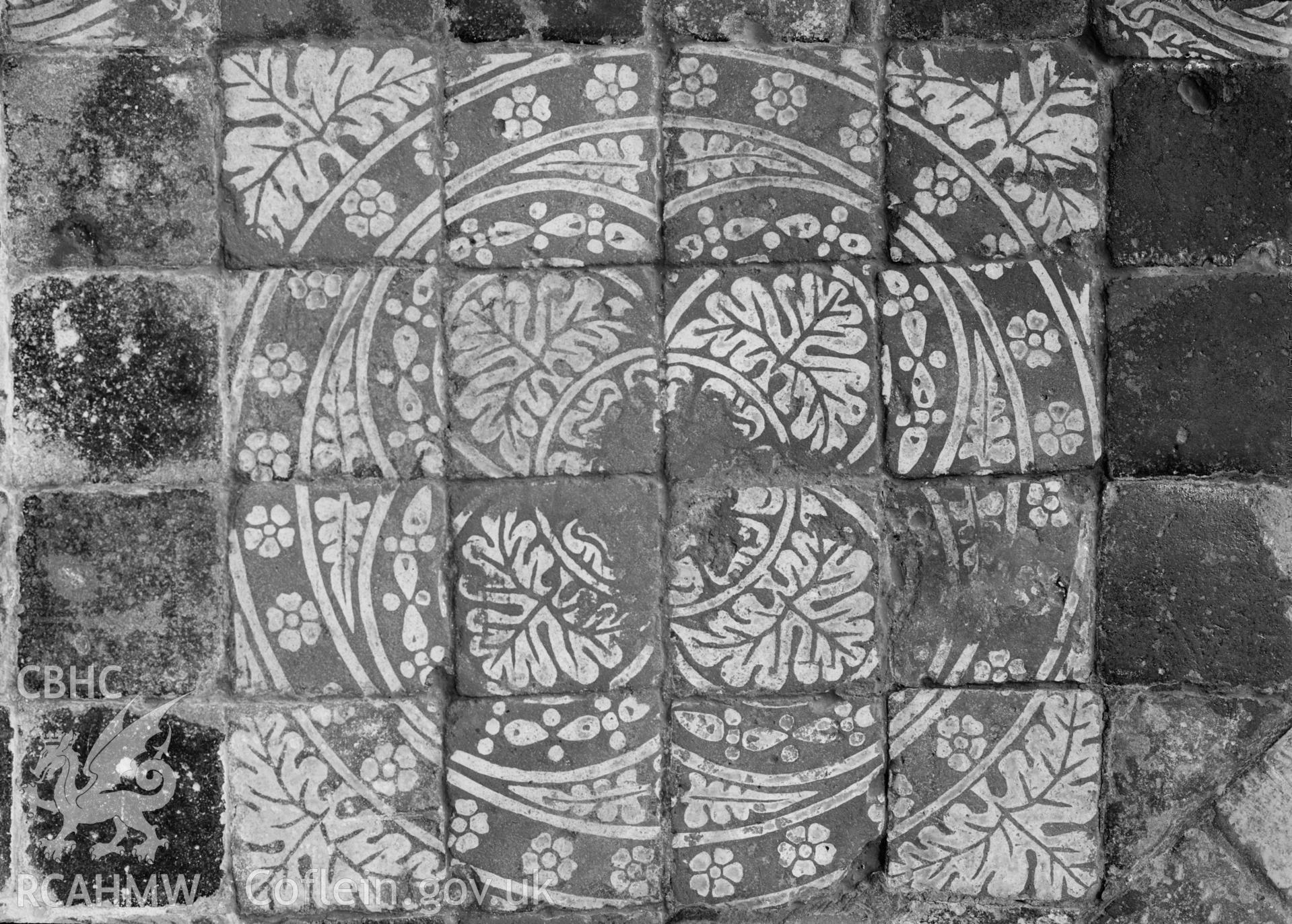 View of floor tile from St Davids Cathedral, Pembrokeshire, taken by Clayton pre-1950.