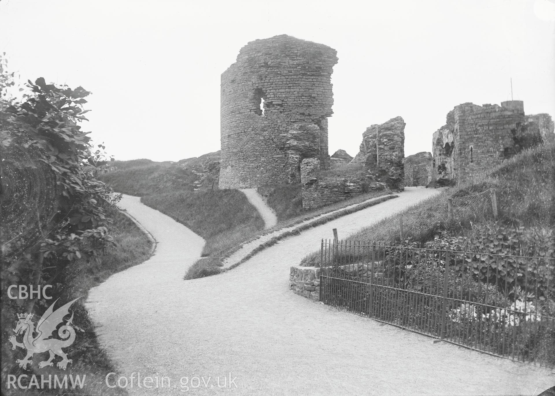 Black and white image dating from c.1910 showing Aberystwyth Castle,  taken by Emile T. Evans.