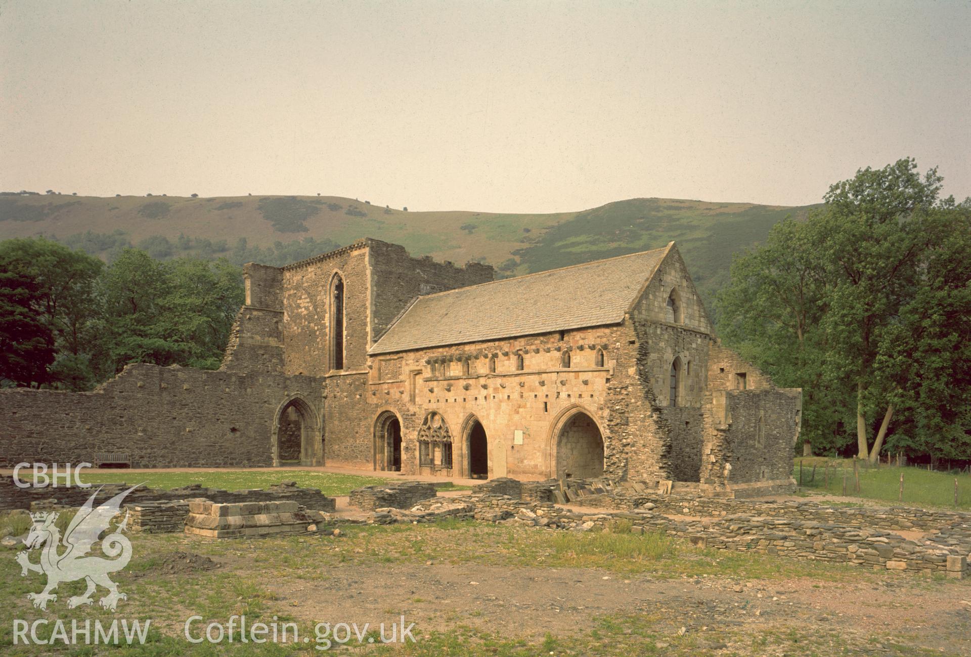 View of the east range of cloisters at Valle Crucis Abbey taken in 1975.