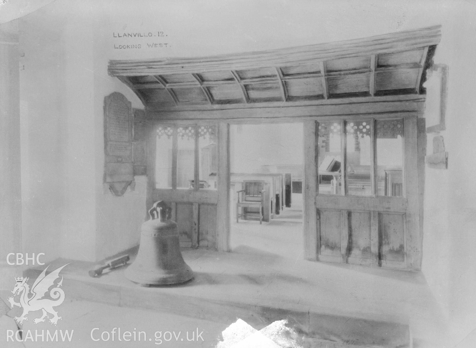 Copy of interior view of St Llanvillo Church showing screen before restoration, taken by W A Call circa 1920.