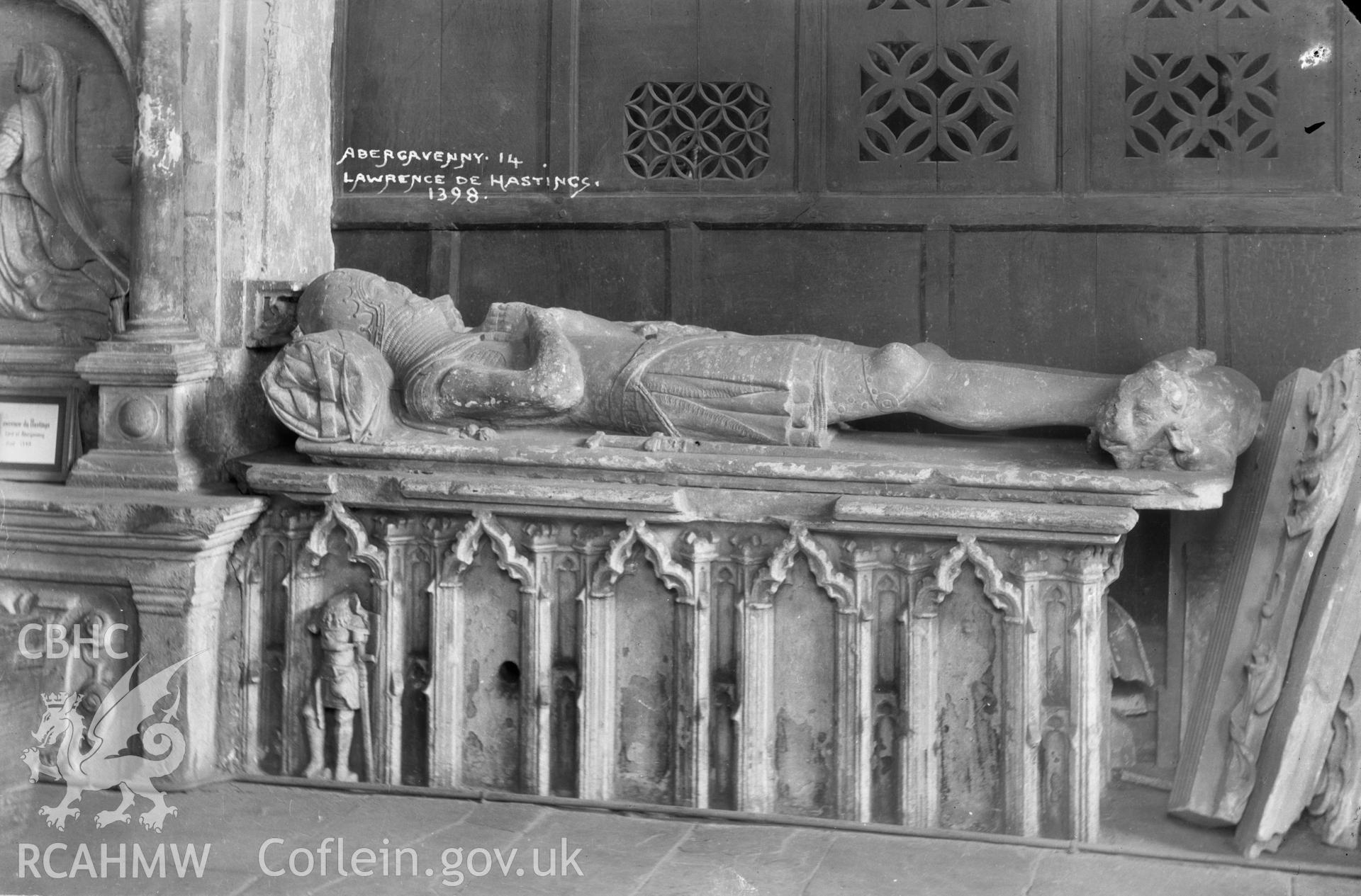 Interior view of St Mary's Church Abergavenny showing the effigy of Lawrence de Hastings died 1398, taken by W A Call.