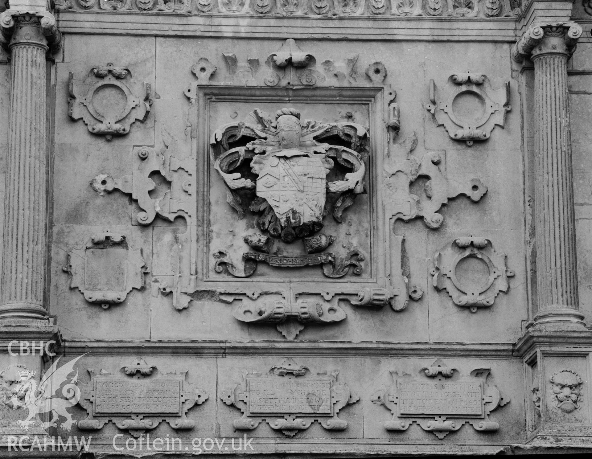 Detail of porch at Beaupre Castle, showing crest, taken 28.04.1963.