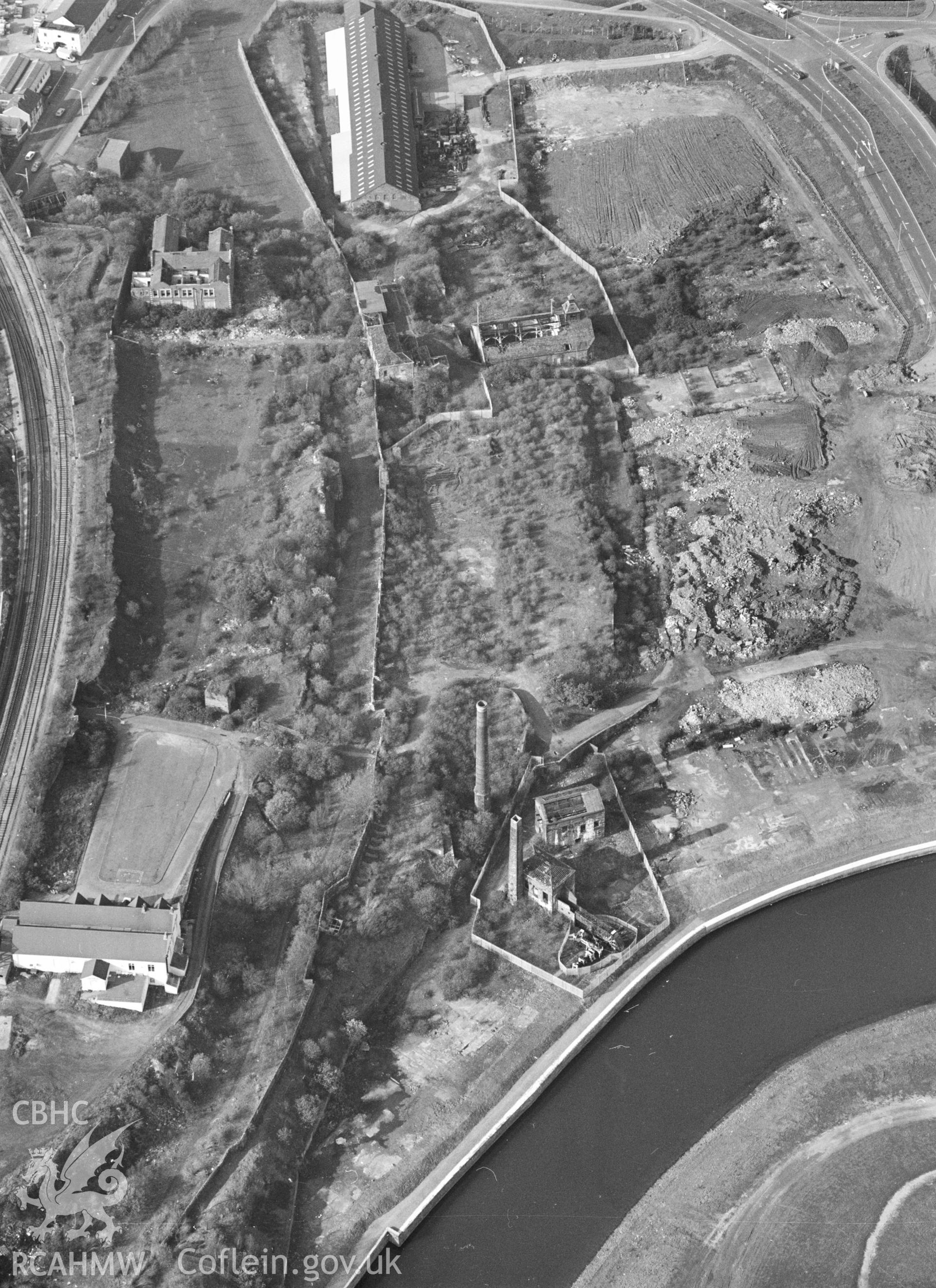 RCAHMW black and white oblique aerial photograph of Hafod Morfa Works, taken by C.R. Musson 1993