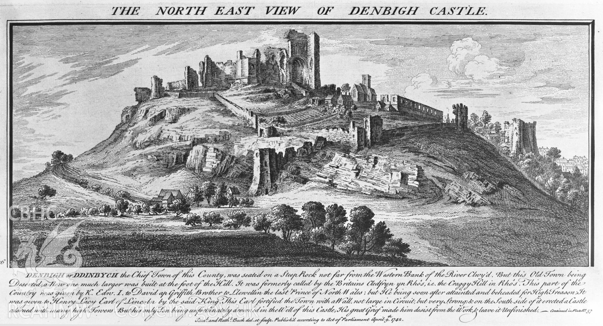 Engraving and text of the north east view of Denbigh Castle.