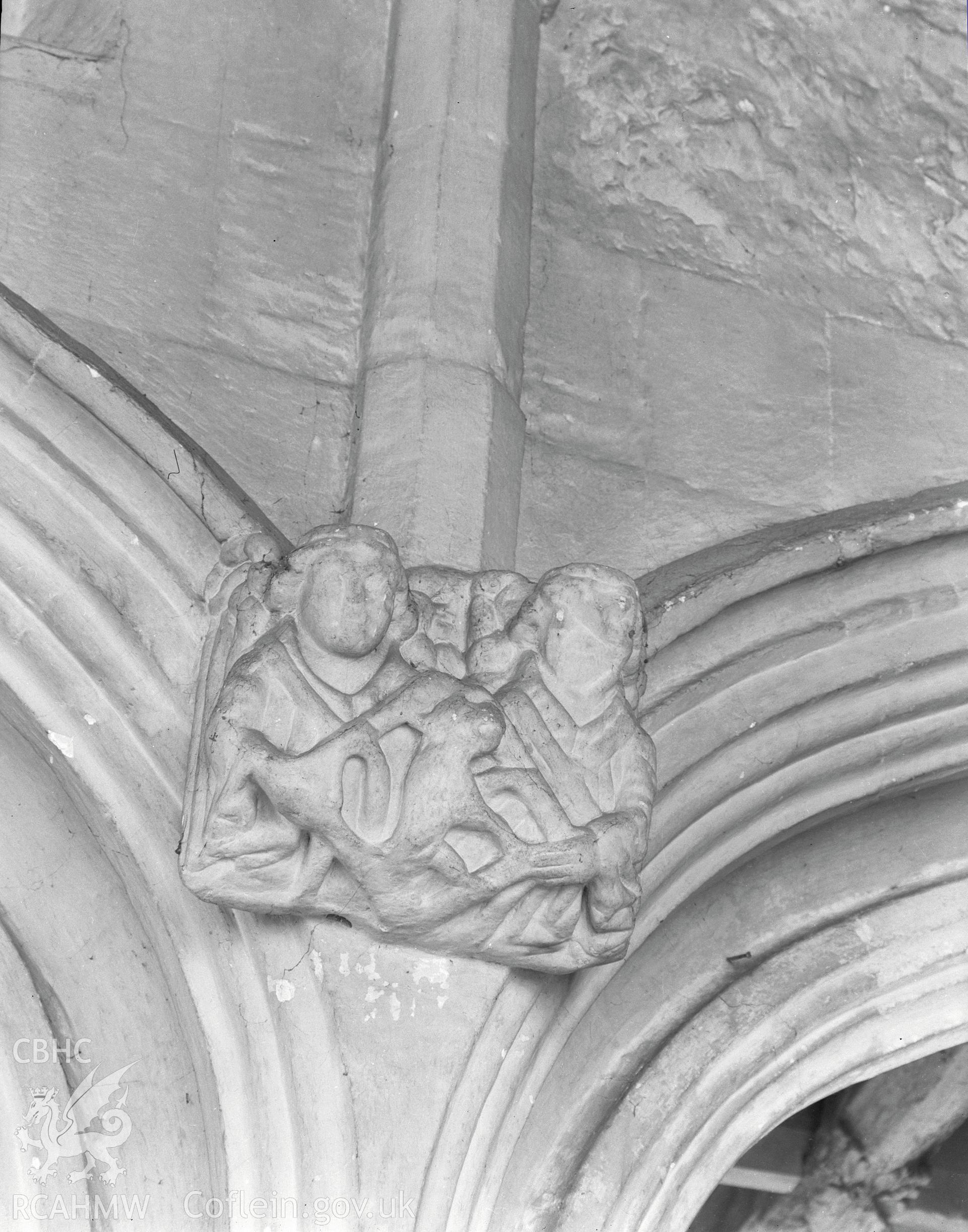 Detail of corbel on the nave roof at St Winifred's Chapel, Holywell  taken 13.05.1942.
